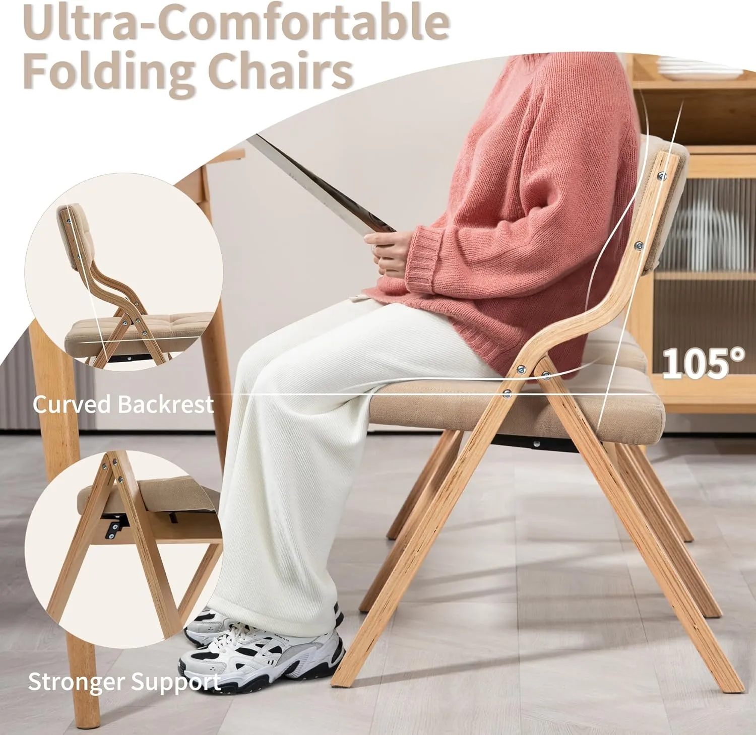 HOMEFUN Folding Chairs with Cushion, Wooden Padded Foldable Chair 4 Pack, Portable and Assembled Seat for Guests Kitchen Office Wedding and Party, Khaki