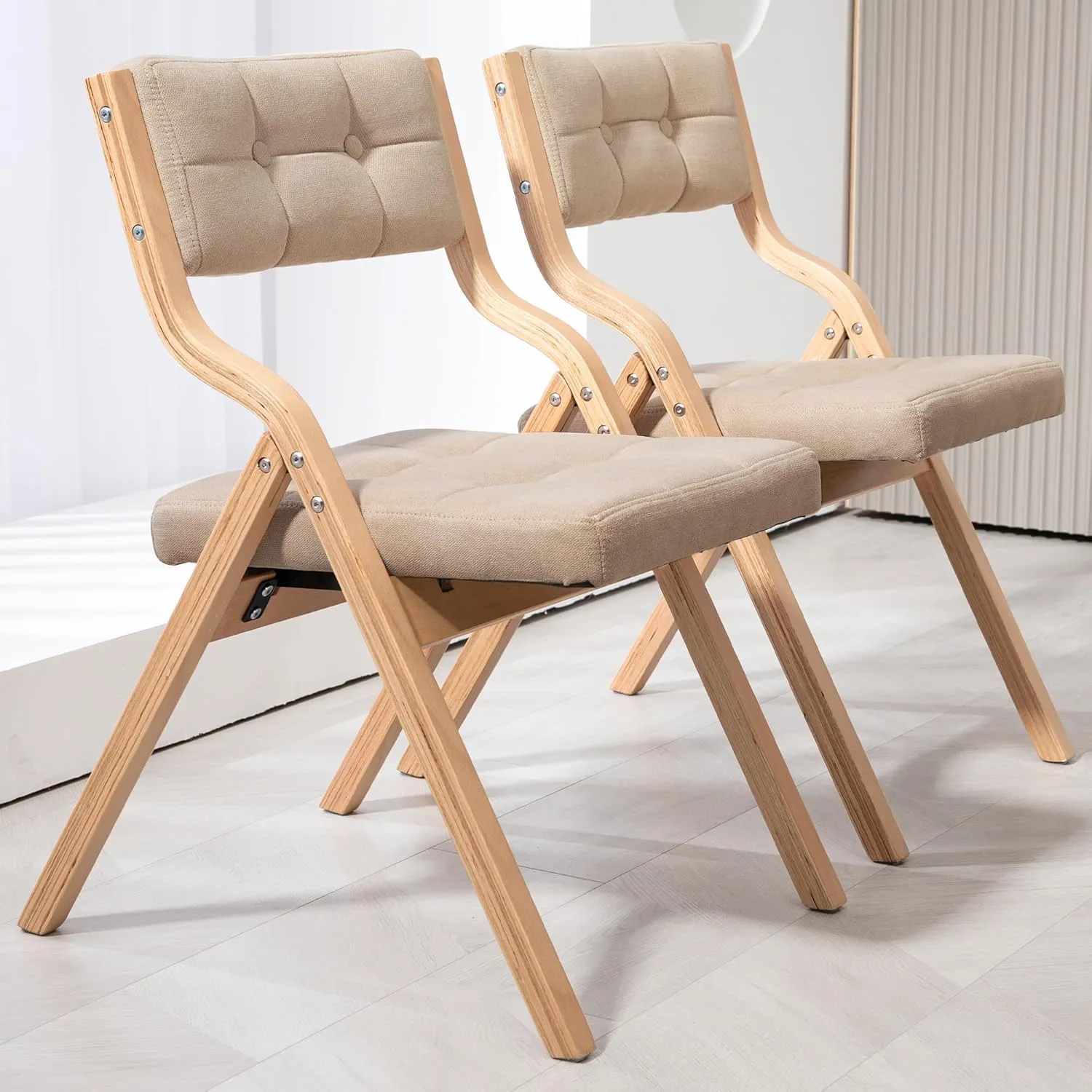 HOMEFUN Folding Chairs with Cushion, Wooden Padded Foldable Chair 4 Pack, Portable and Assembled Seat for Guests Kitchen Office Wedding and Party, Khaki