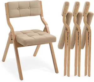HOMEFUN Folding Chairs with Cushion, Wooden Padded Foldable Chair 4 Pack, Portable and Assembled Seat for Guests Kitchen Office Wedding and Party, Khaki