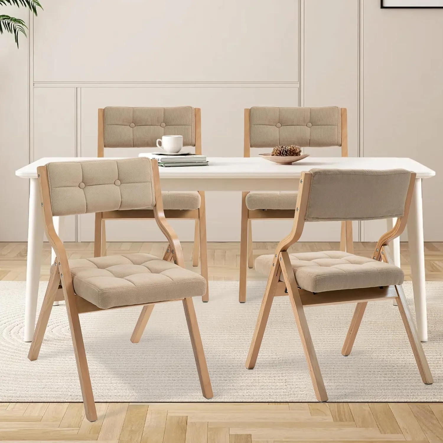 HOMEFUN Folding Chairs with Cushion, Wooden Padded Foldable Chair 4 Pack, Portable and Assembled Seat for Guests Kitchen Office Wedding and Party, Khaki
