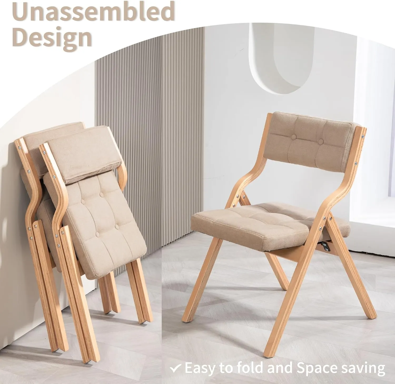 HOMEFUN Folding Chairs with Cushion, Wooden Padded Foldable Chair 4 Pack, Portable and Assembled Seat for Guests Kitchen Office Wedding and Party, Khaki