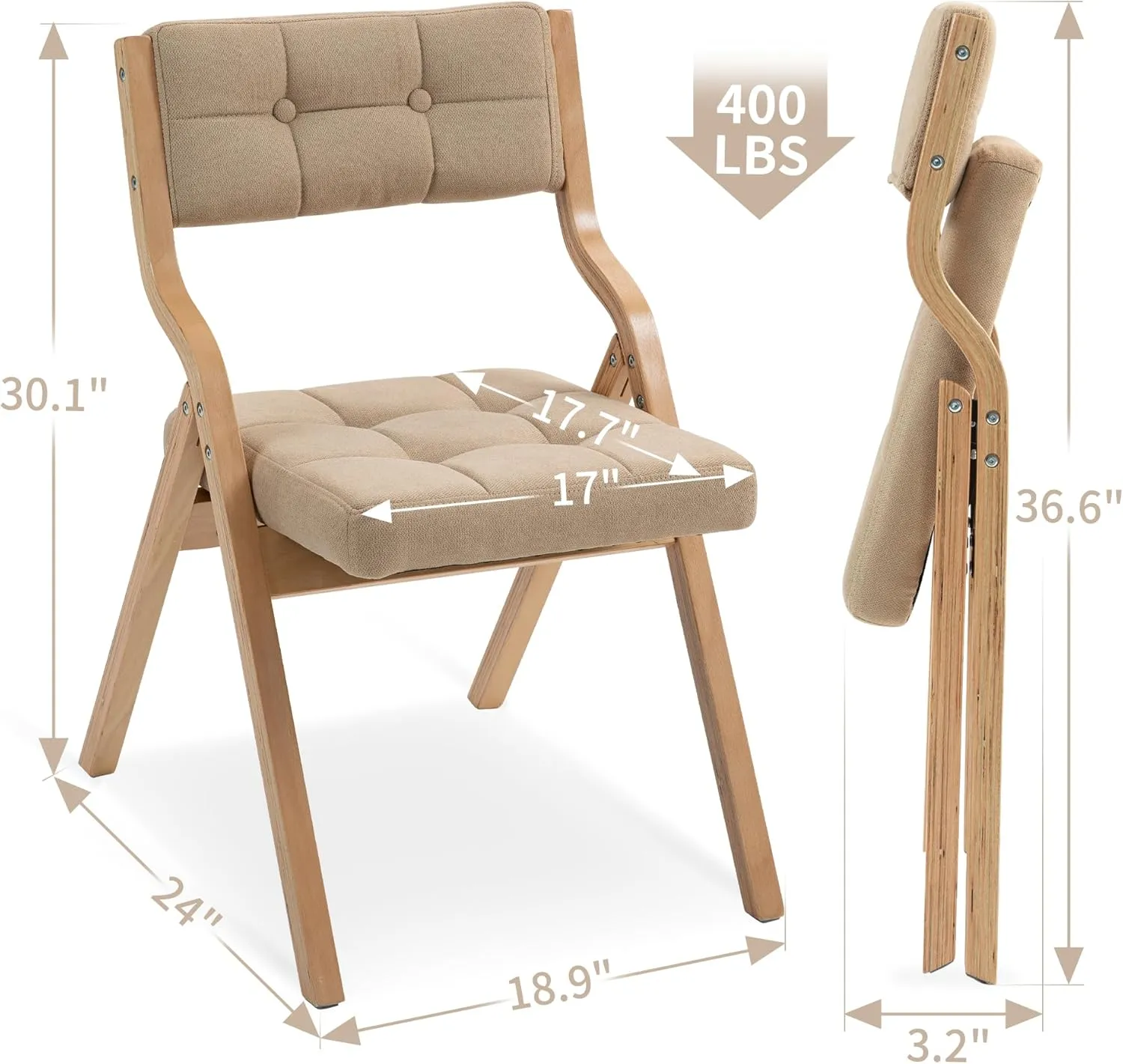 HOMEFUN Folding Chairs with Cushion, Wooden Padded Foldable Chair 4 Pack, Portable and Assembled Seat for Guests Kitchen Office Wedding and Party, Khaki