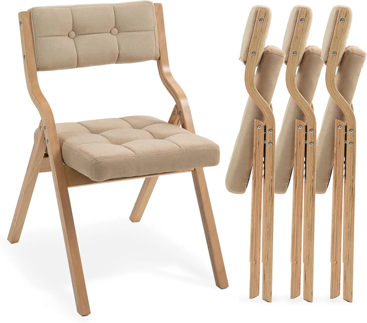 HOMEFUN Folding Chairs with Cushion, Wooden Padded Foldable Chair 4 Pack, Portable and Assembled Seat for Guests Kitchen Office Wedding and Party, Khaki