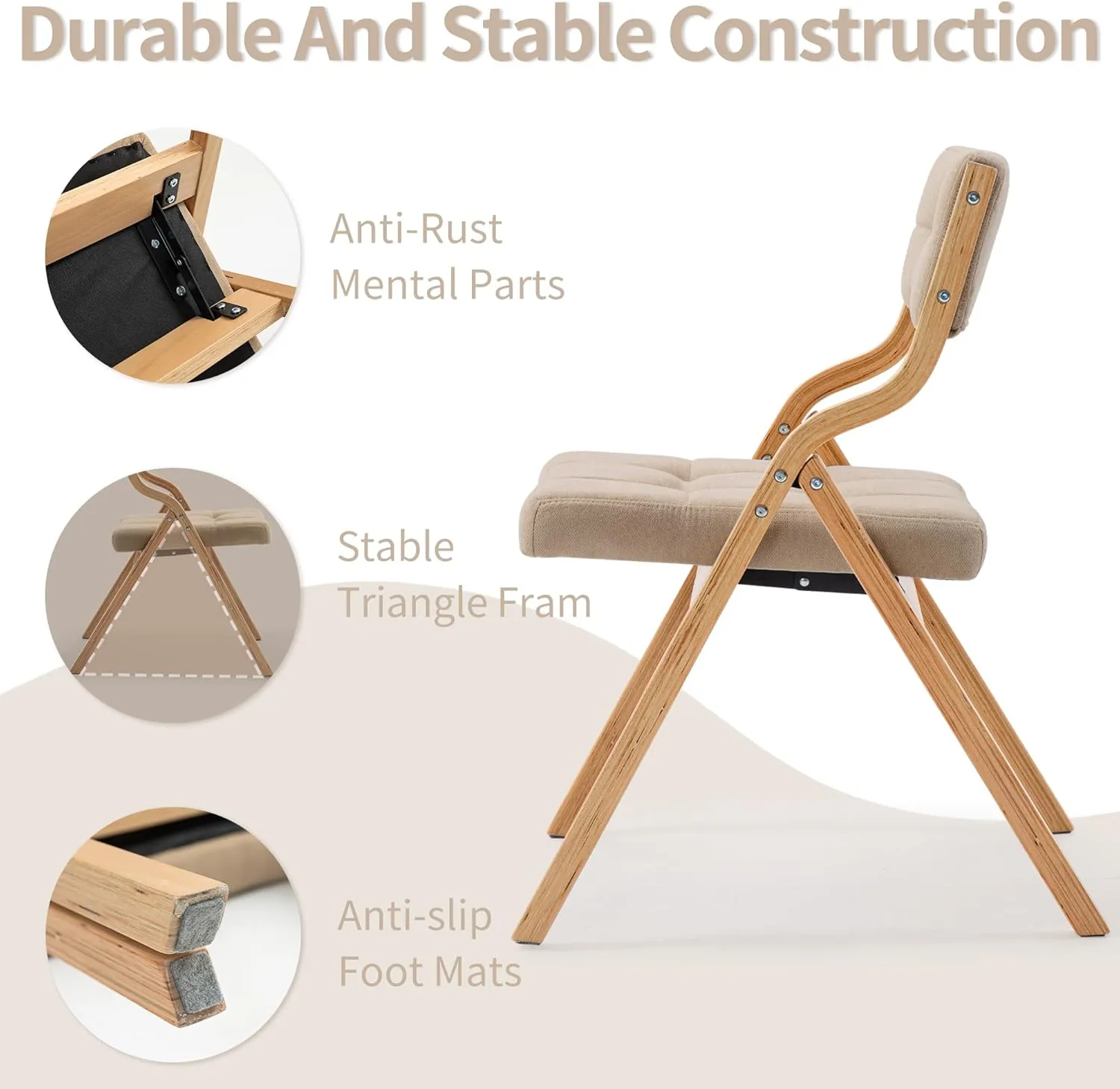 HOMEFUN Folding Chairs with Cushion, Wooden Padded Foldable Chair 4 Pack, Portable and Assembled Seat for Guests Kitchen Office Wedding and Party, Khaki