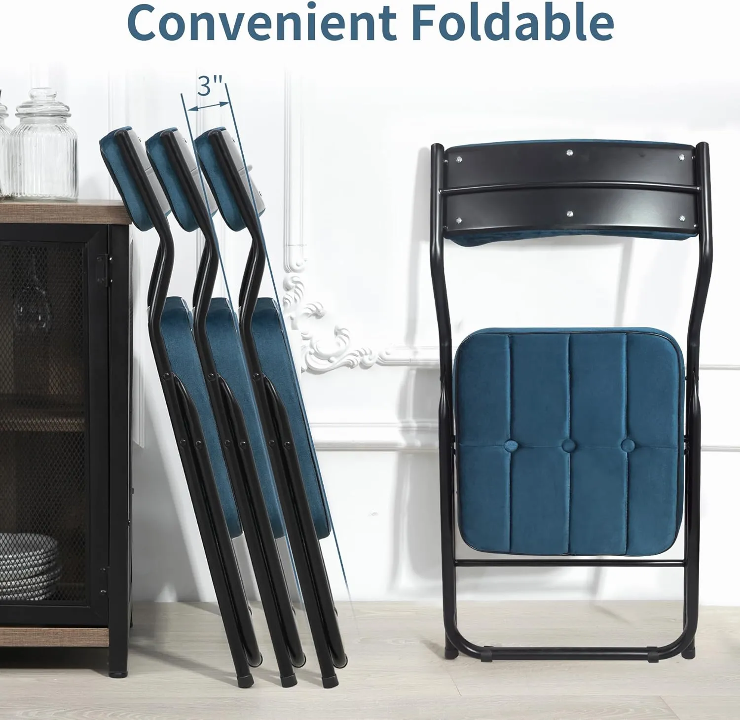 HOMEFUN Padded Folding Chairs 4 Pack - Foldable Dining Chair with Cushion, Portable and Assembled Extra Seat for Guests Kitchen Office Wedding Party Bule