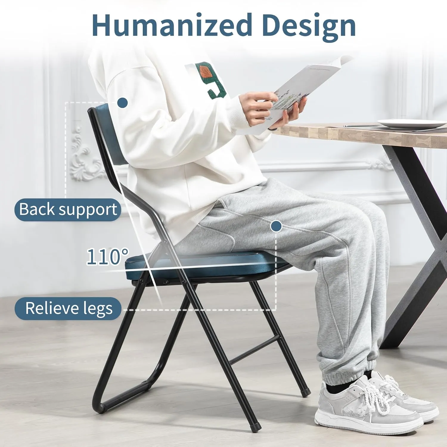 HOMEFUN Padded Folding Chairs 4 Pack - Foldable Dining Chair with Cushion, Portable and Assembled Extra Seat for Guests Kitchen Office Wedding Party Bule