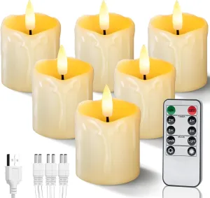 Homemory Rechargeable Flameless Candles with Timer Remote, 2" x 2" Realistic Battery Operated LED Votive Tea Lights, 6Pack Electric Fake Candle in Warm White (USB Charging Cable Included)