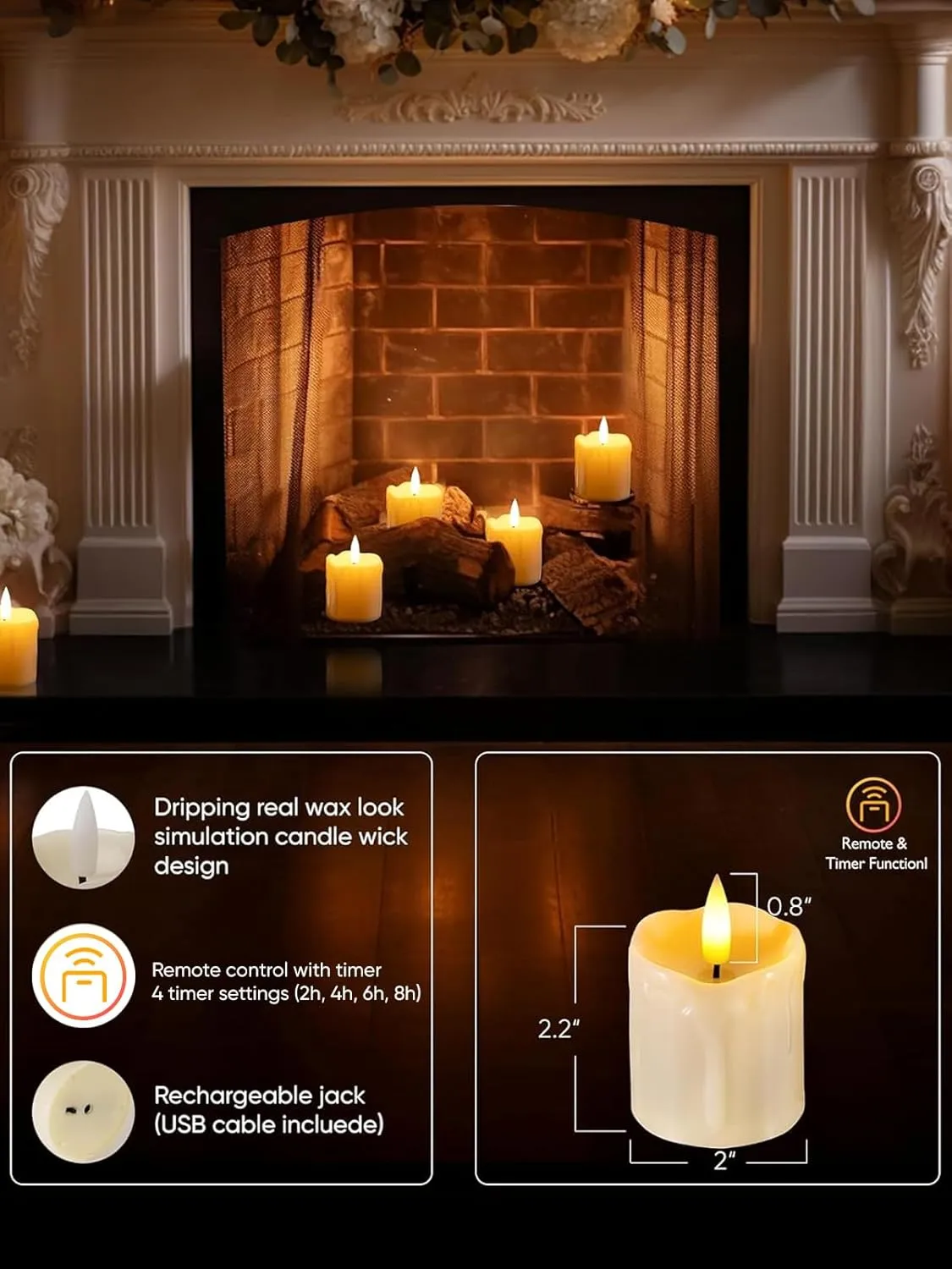 Homemory Rechargeable Flameless Candles with Timer Remote, 2" x 2" Realistic Battery Operated LED Votive Tea Lights, 6Pack Electric Fake Candle in Warm White (USB Charging Cable Included)