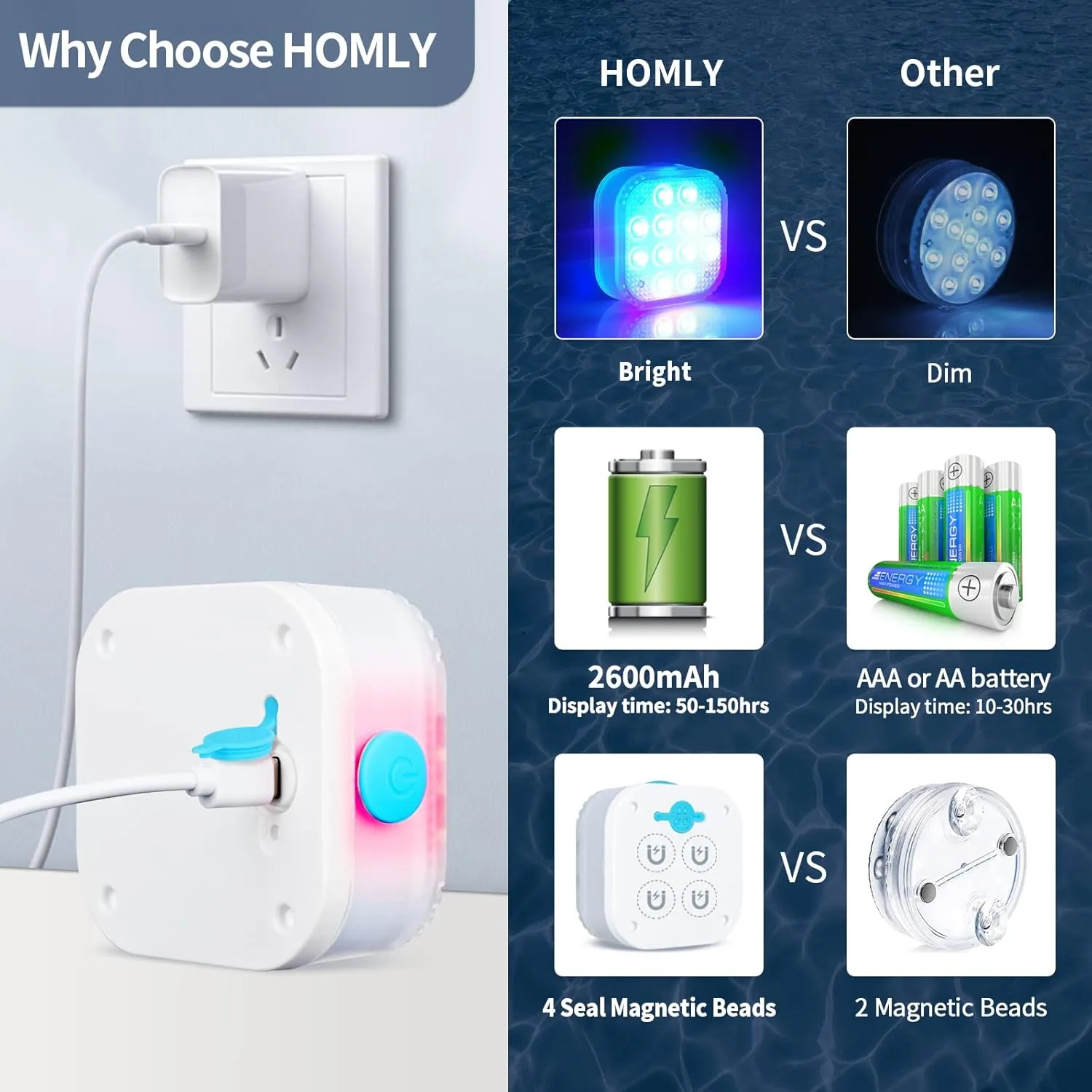 Homly Rechargeable Submersible Pool Lights with Remote, Waterproof Underwater Charging Battery Operated Controlled 16 Color Changing LED with Magnet Floating Lights Pool Pond Decoration 2 Pack