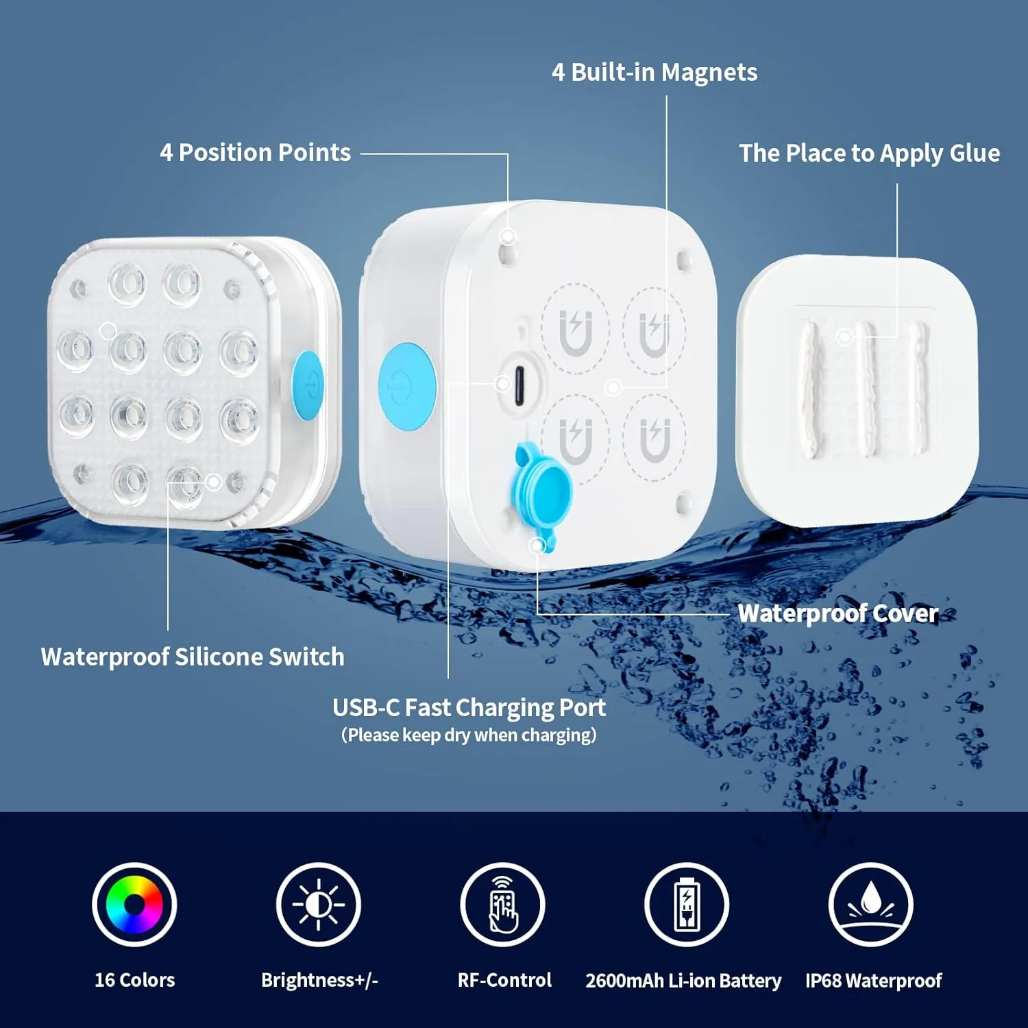Homly Rechargeable Submersible Pool Lights with Remote, Waterproof Underwater Charging Battery Operated Controlled 16 Color Changing LED with Magnet Floating Lights Pool Pond Decoration 2 Pack
