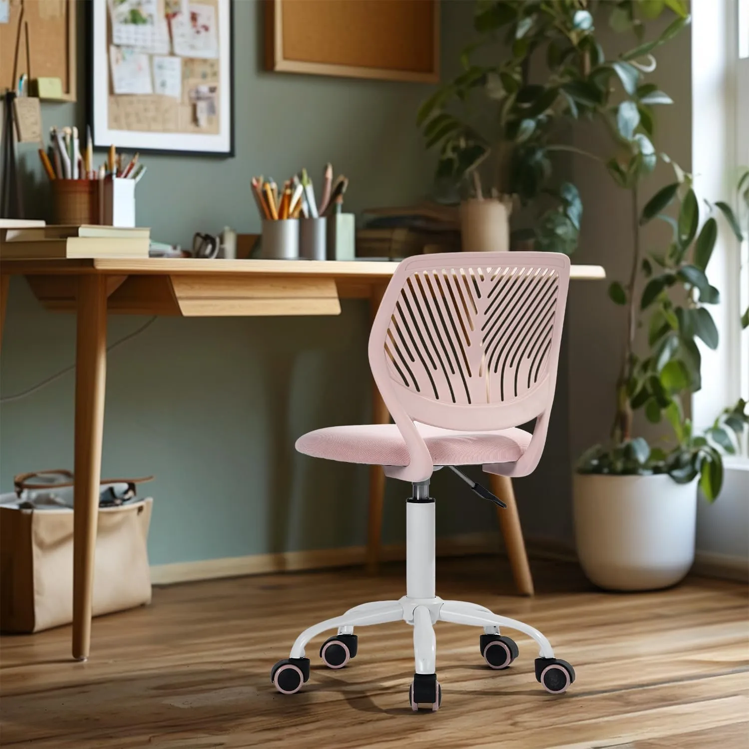 Homy Casa Armless Home Office Desk Chair, Colorful Task Chair with Soft Mesh Padded Cushion, Height Adjustable Swivel Study Computer Chair for for Girls Boys Teens (CO-Pink, 1PC)