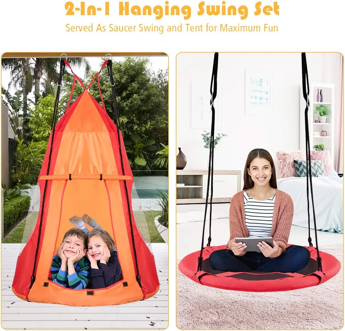 HONEY JOY Kids Hanging Chair Swing Tent, 2-in-1 40 Inch Hammock Tree Swing Seat & Detachable Play Tent, Max Capacity 330 LBS, Outdoor Indoor Nest Pod Play House for Boys/Girls (Orange)