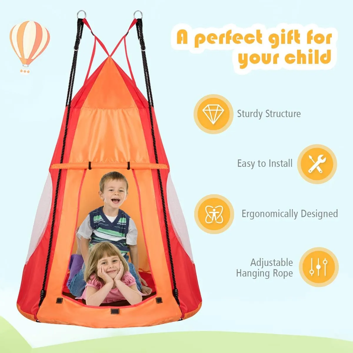 HONEY JOY Kids Hanging Chair Swing Tent, 2-in-1 40 Inch Hammock Tree Swing Seat & Detachable Play Tent, Max Capacity 330 LBS, Outdoor Indoor Nest Pod Play House for Boys/Girls (Orange)