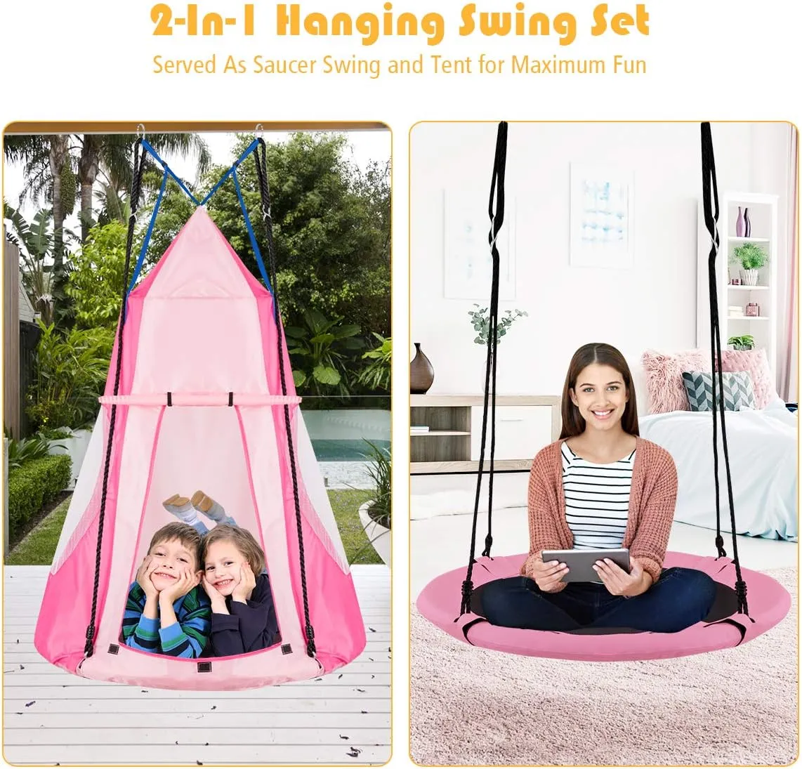 HONEY JOY Kids Hanging Chair Swing Tent, 2-in-1 40 Inch Hammock Tree Swing Seat & Detachable Play Tent, Max Capacity 330 LBS, Outdoor Indoor Nest Pod Swing Play House for Boys/Girls (Pink)