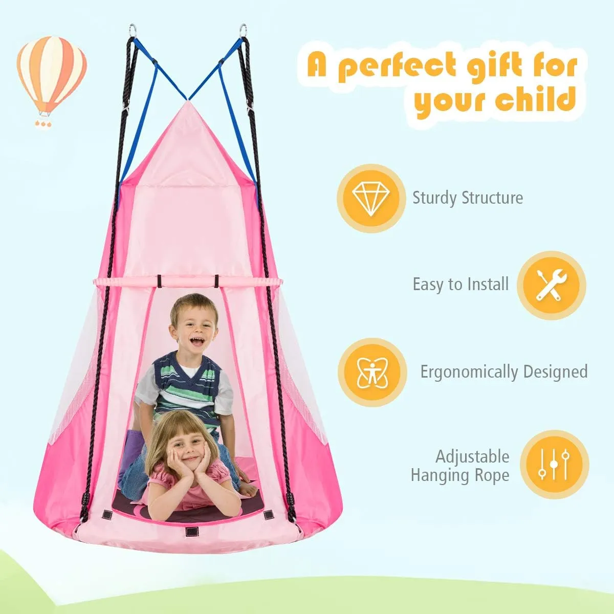HONEY JOY Kids Hanging Chair Swing Tent, 2-in-1 40 Inch Hammock Tree Swing Seat & Detachable Play Tent, Max Capacity 330 LBS, Outdoor Indoor Nest Pod Swing Play House for Boys/Girls (Pink)