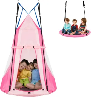 HONEY JOY Kids Hanging Chair Swing Tent, 2-in-1 40 Inch Hammock Tree Swing Seat & Detachable Play Tent, Max Capacity 330 LBS, Outdoor Indoor Nest Pod Swing Play House for Boys/Girls (Pink)