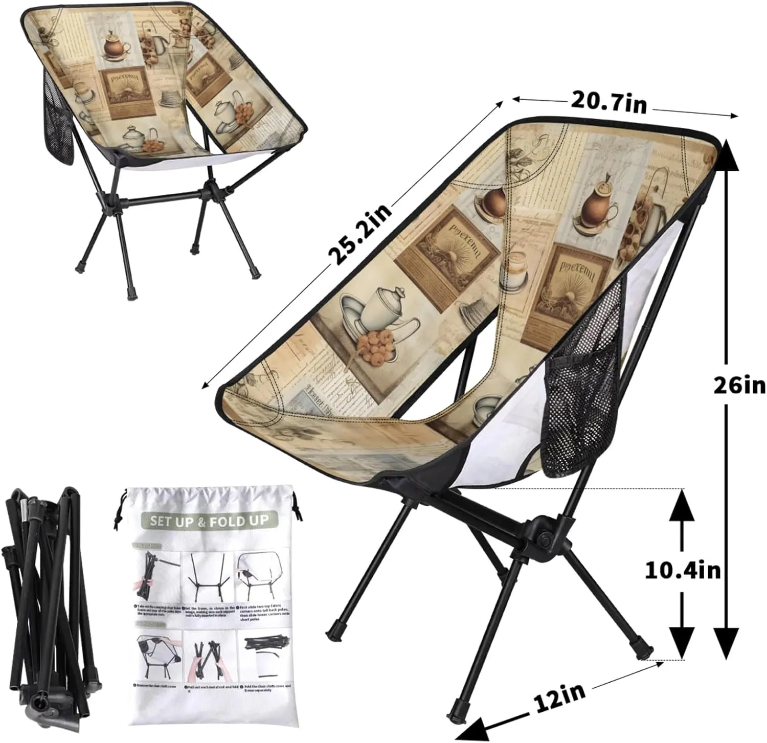 Honeybaby Folding Camping Chair Coffee Theme Camping Chairs Lightweight Portable Chair Outdoor Foldable Chairs for Camping Travel Picnic Beach Hiking