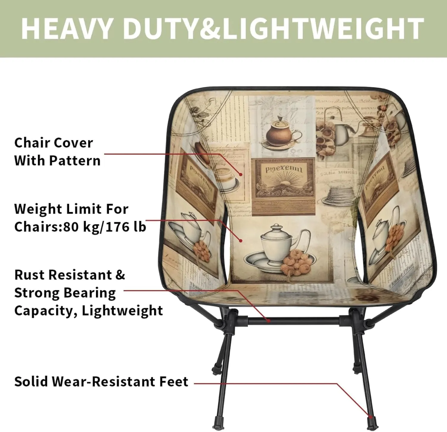 Honeybaby Folding Camping Chair Coffee Theme Camping Chairs Lightweight Portable Chair Outdoor Foldable Chairs for Camping Travel Picnic Beach Hiking