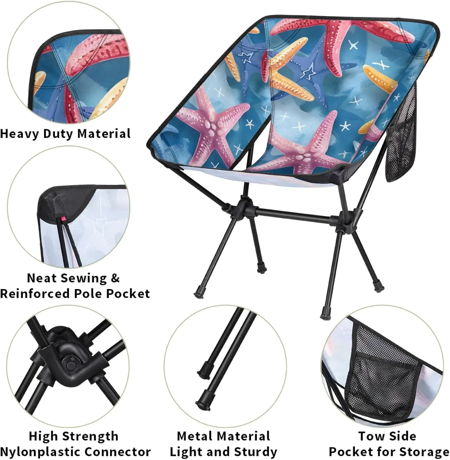 Honeybaby Folding Camping Chair Cute Starfishes Camping Chairs Lightweight Portable Chair Outdoor Foldable Chairs for Camping Travel Picnic Beach Hiking