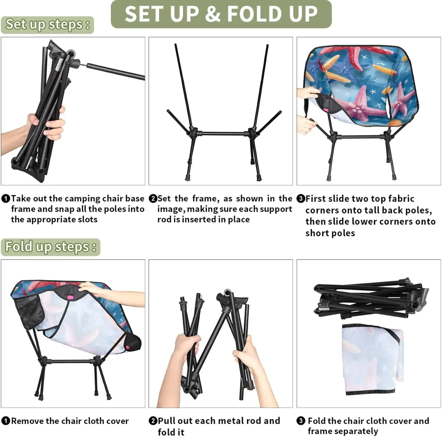 Honeybaby Folding Camping Chair Cute Starfishes Camping Chairs Lightweight Portable Chair Outdoor Foldable Chairs for Camping Travel Picnic Beach Hiking