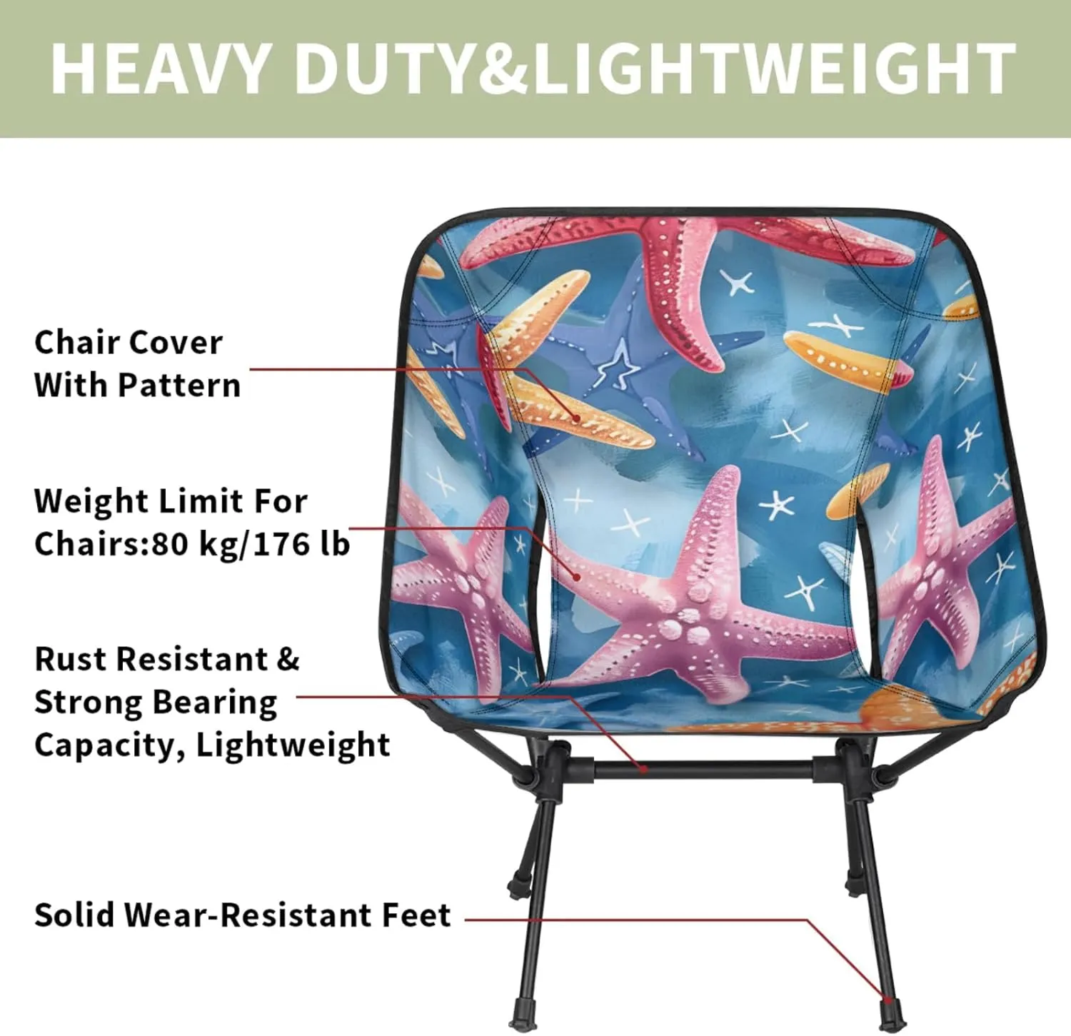 Honeybaby Folding Camping Chair Cute Starfishes Camping Chairs Lightweight Portable Chair Outdoor Foldable Chairs for Camping Travel Picnic Beach Hiking