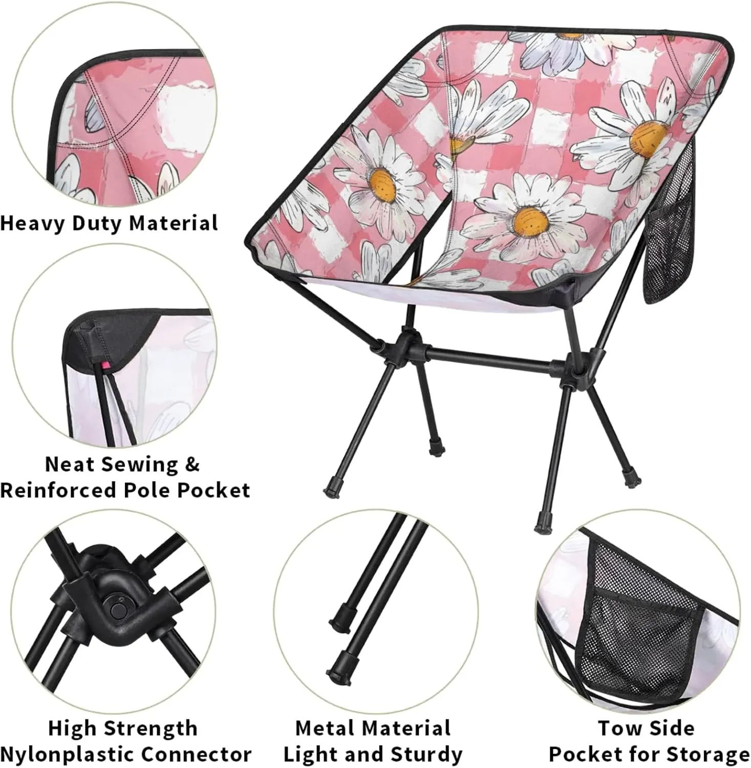 Honeybaby Folding Camping Chair Daisy Plaids Camping Chairs Lightweight Portable Chair Outdoor Foldable Chairs for Camping Travel Picnic Beach Hiking