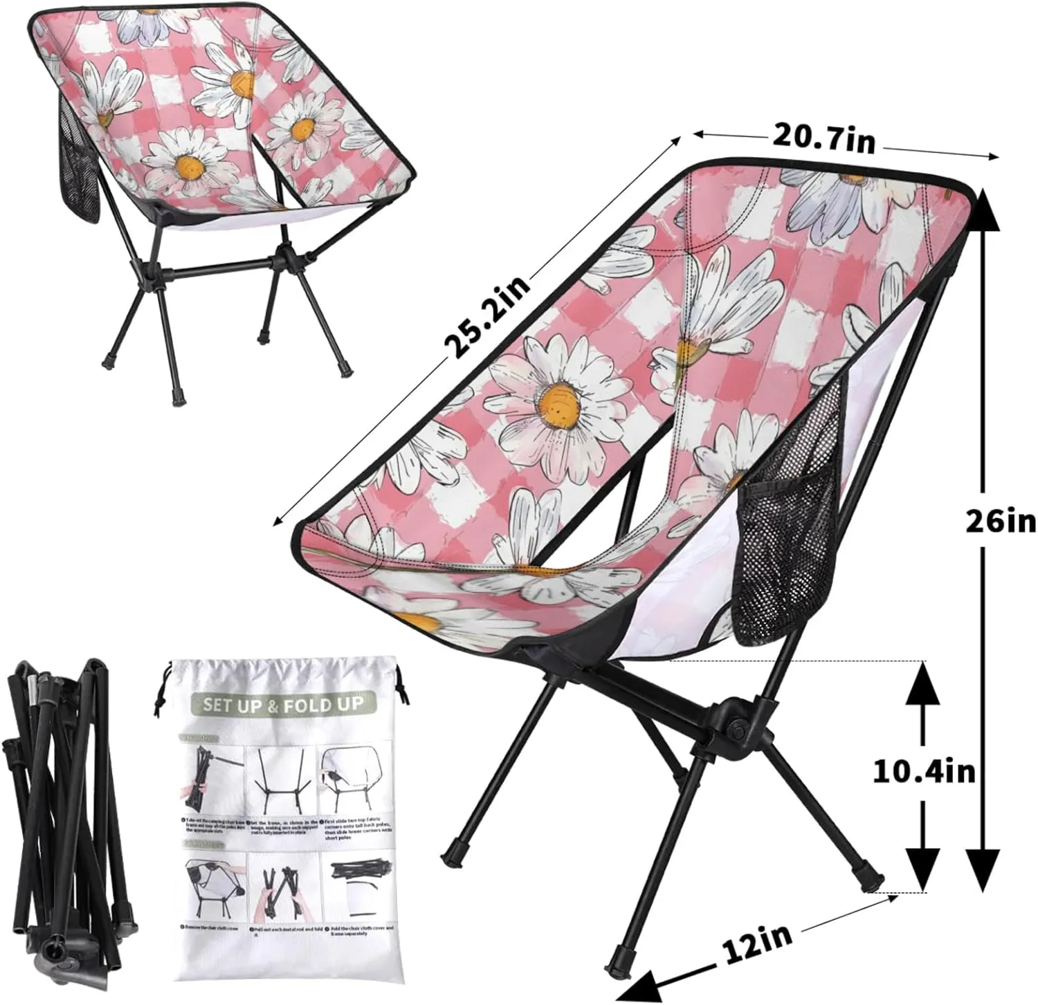 Honeybaby Folding Camping Chair Daisy Plaids Camping Chairs Lightweight Portable Chair Outdoor Foldable Chairs for Camping Travel Picnic Beach Hiking