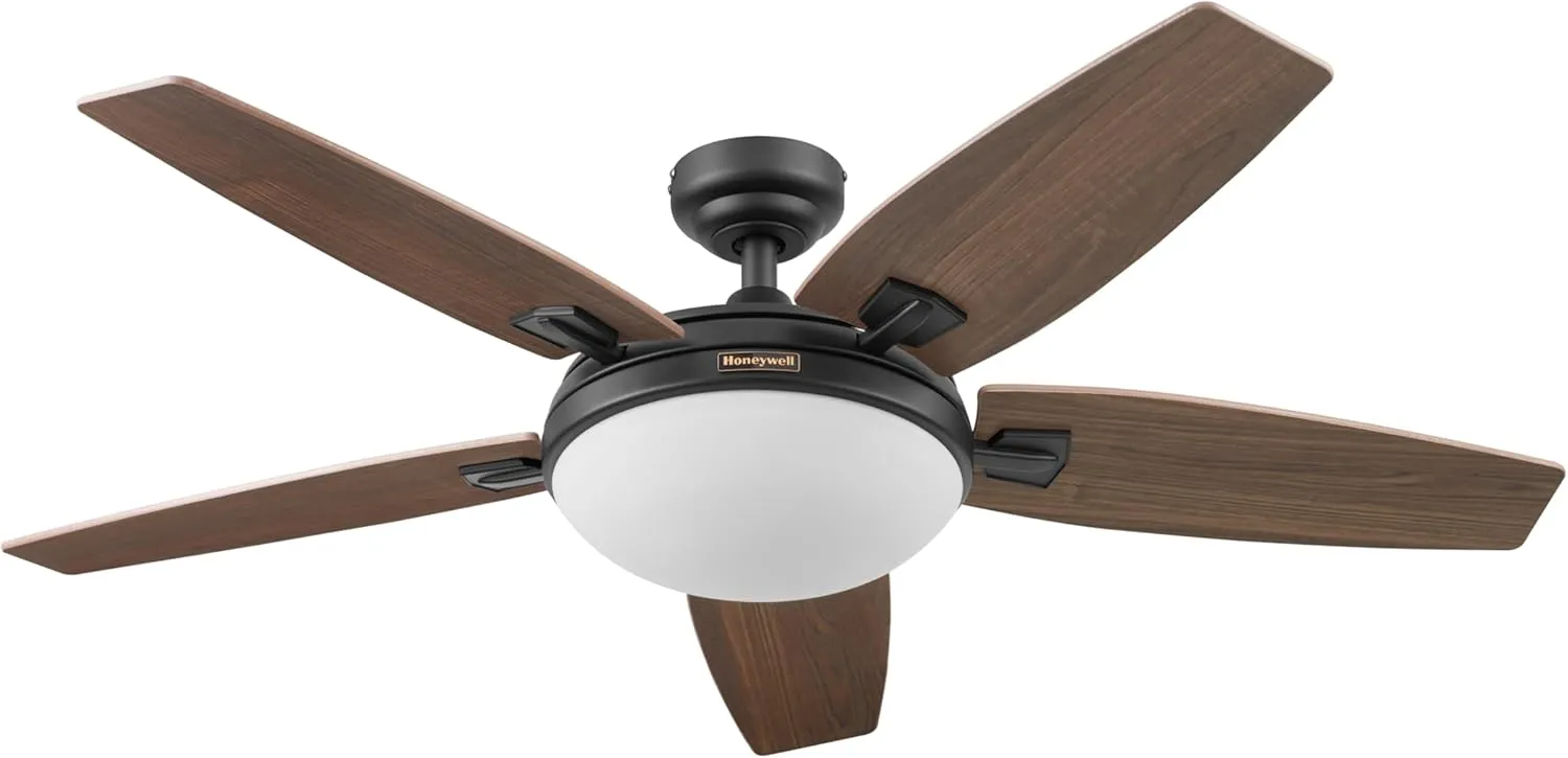 Honeywell Ceiling Fans Carmel Modern 48 Inch Ceiling Fan with Light, Remote Control Fan, LED Indoor Fan with 5 Blades, Gray Ironwood and Brown Maple Blade Finish Options, Bronze (50197-01)
