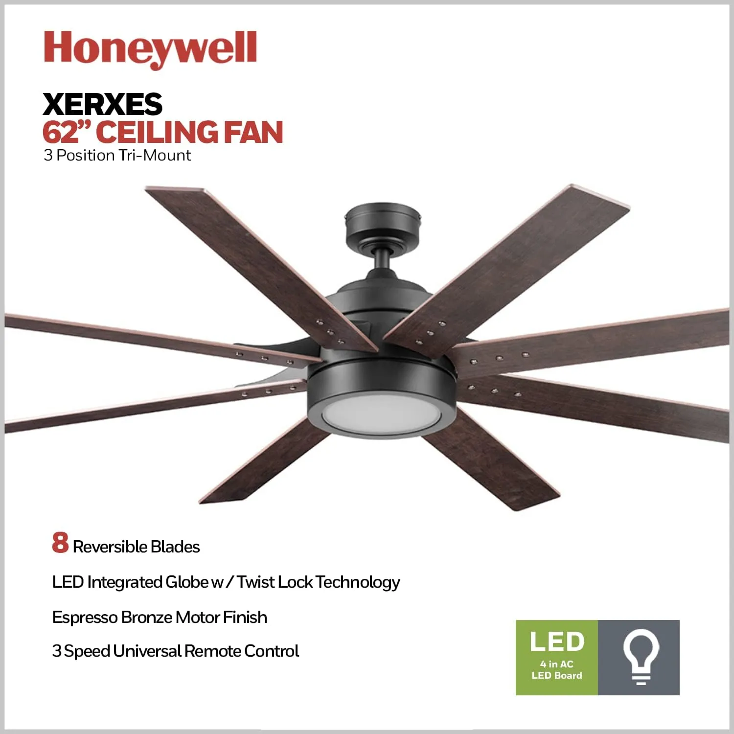 Honeywell Ceiling Fans Xerxes Modern 62 Inch Ceiling Fan with Light, Remote Control Fan, LED Indoor Fan with 8 Blades, Dark Elm and Rough Pine Blade Finish Options, Bronze (50609-01)