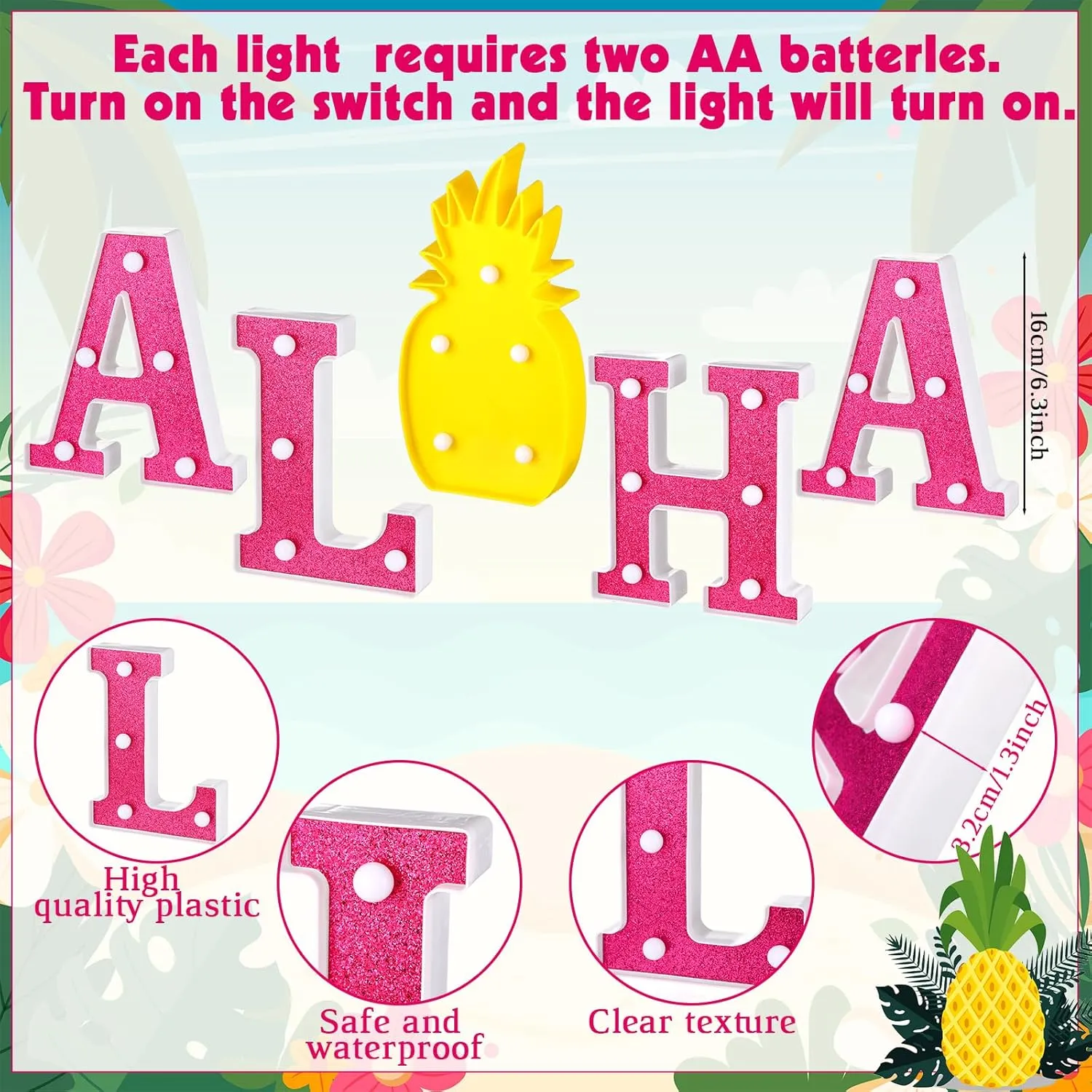 Honoson 5 Pcs Hawaiian Luau Aloha Party Decoration Aloha Letter LED Pineapple Lights Sign Summer Tropical Table Decorations Tropical Hawaiian Tiki Summer Beach Pool Party Supplies