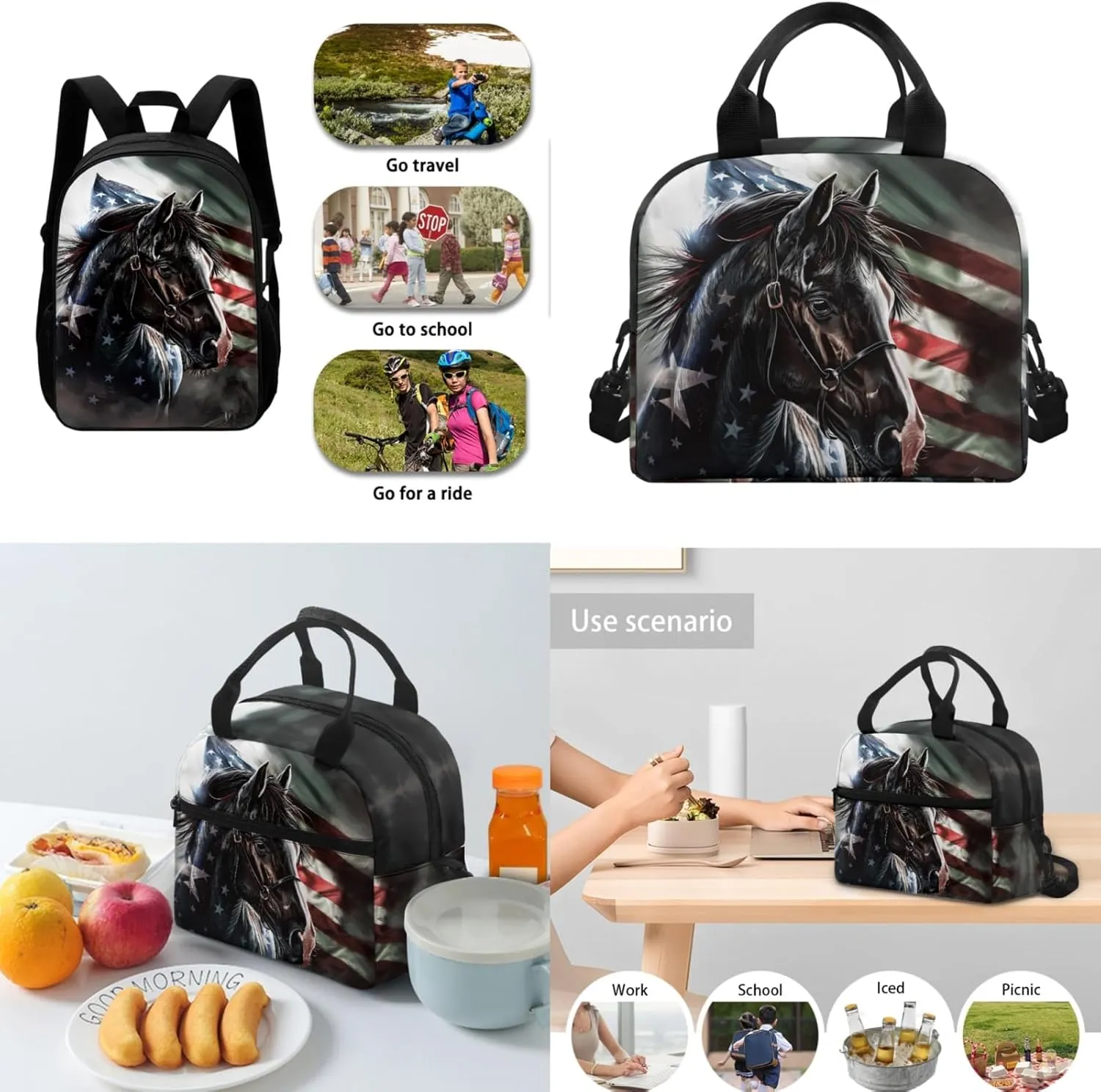 Horse Backpack 3 in 1 Set for Boys American Flag Bookbag,Patriotic School Bag for Kids 17 Inch Book Bags with Water Bottle for Elementary Children Large Daypack
