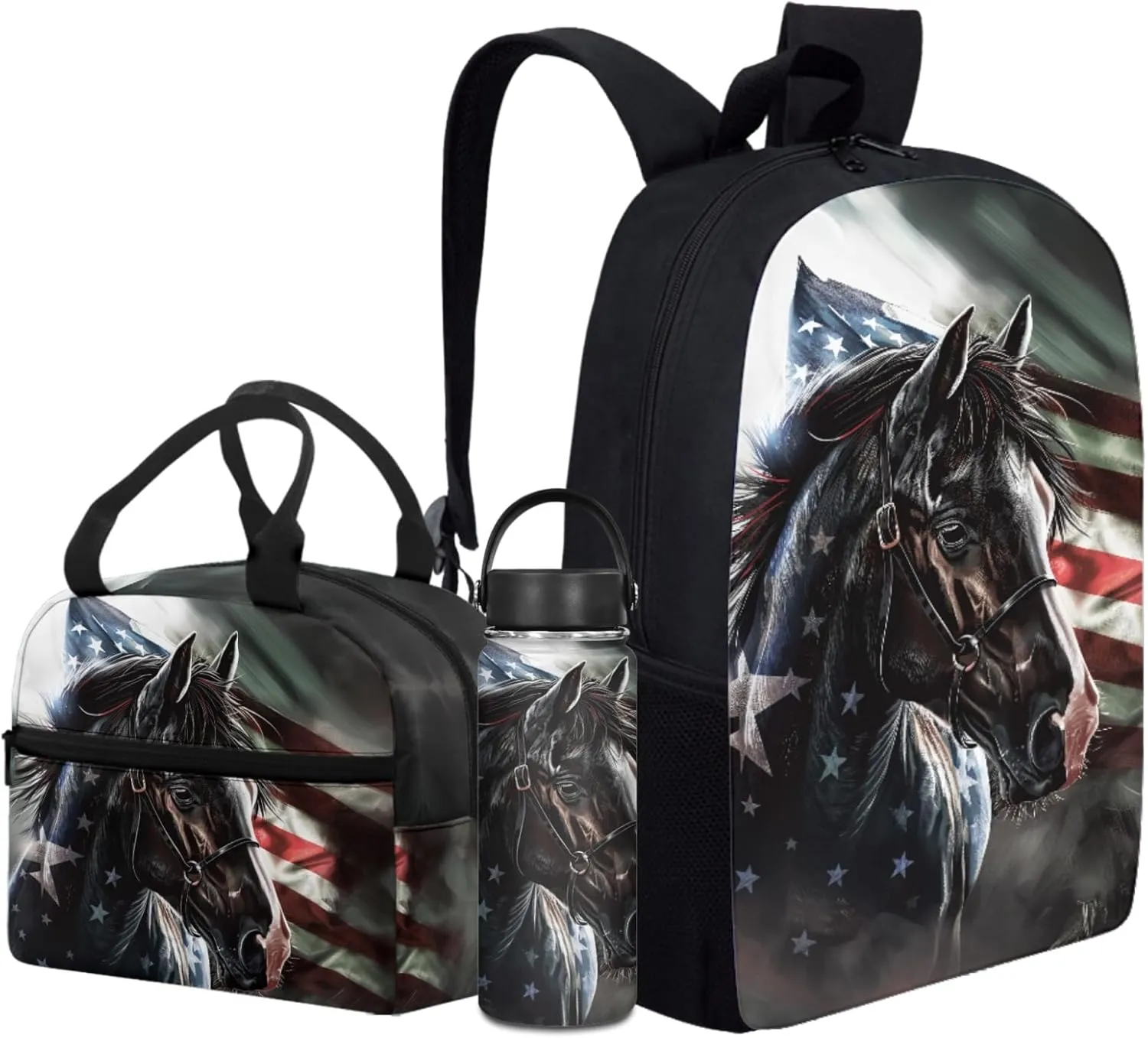 Horse Backpack 3 in 1 Set for Boys American Flag Bookbag,Patriotic School Bag for Kids 17 Inch Book Bags with Water Bottle for Elementary Children Large Daypack