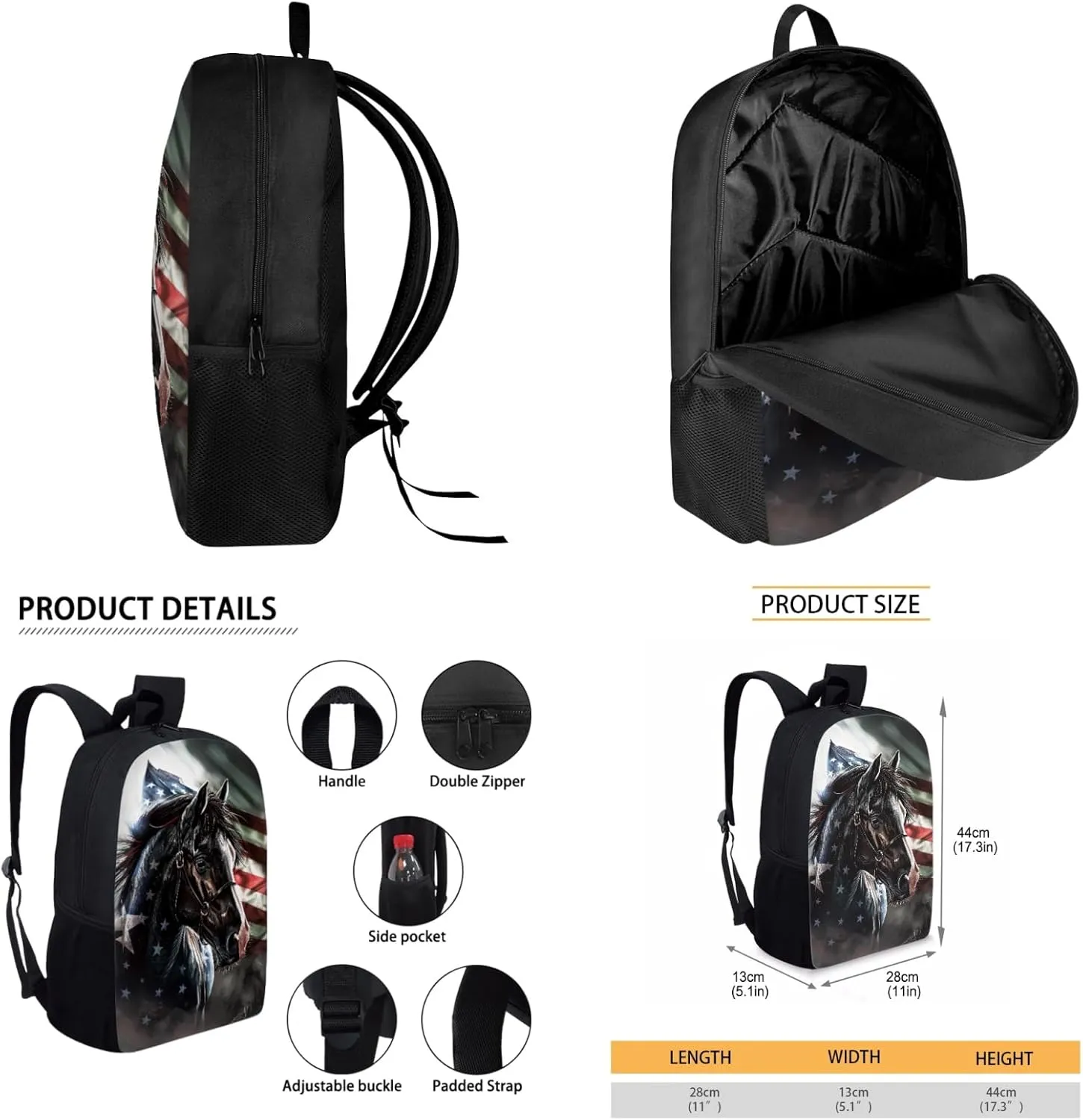 Horse Backpack 3 in 1 Set for Boys American Flag Bookbag,Patriotic School Bag for Kids 17 Inch Book Bags with Water Bottle for Elementary Children Large Daypack