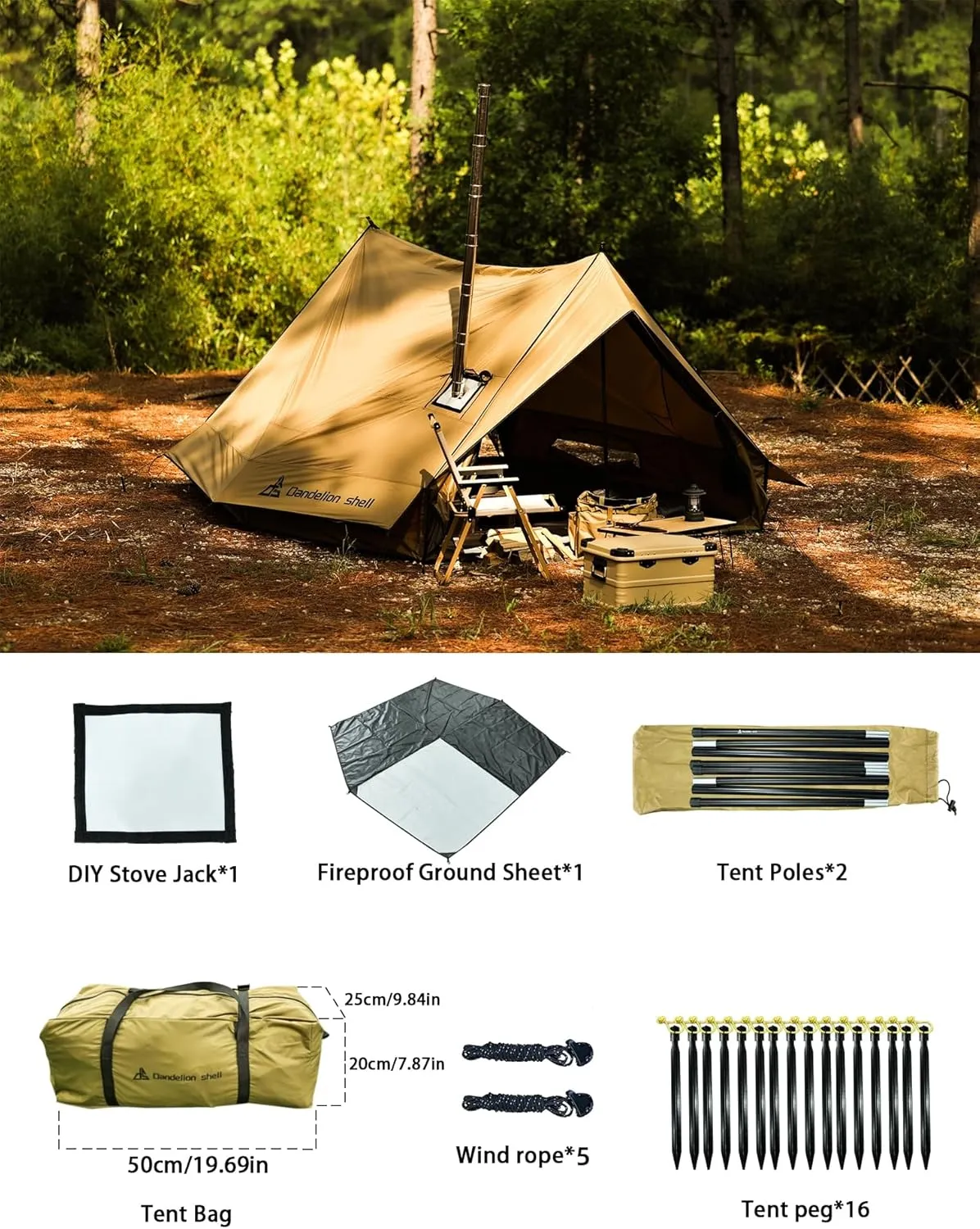 Hot Tent with Stove Jack – 4 Season Waterproof & Windproof Shelter for 1–4 People, Lightweight for Camping, Hiking, Hunting & Fishing