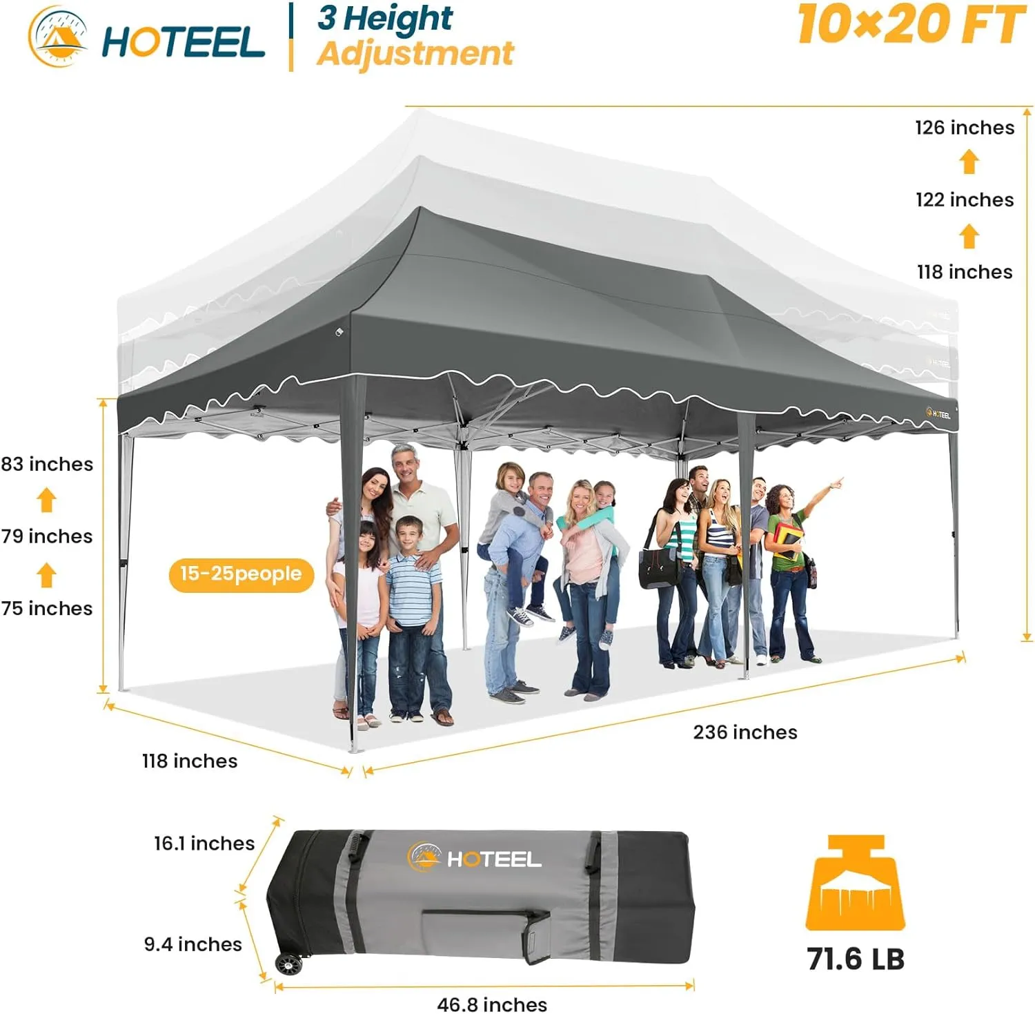 HOTEEL 10×20 Pop Up Canopy, Canopy Tent UV 50  and Waterproof, Thickened Frame, Large Space Easy Pop Up Canopy, Outdoor Canopy for Weddings, Beaches, Parties, Patio (Grey)