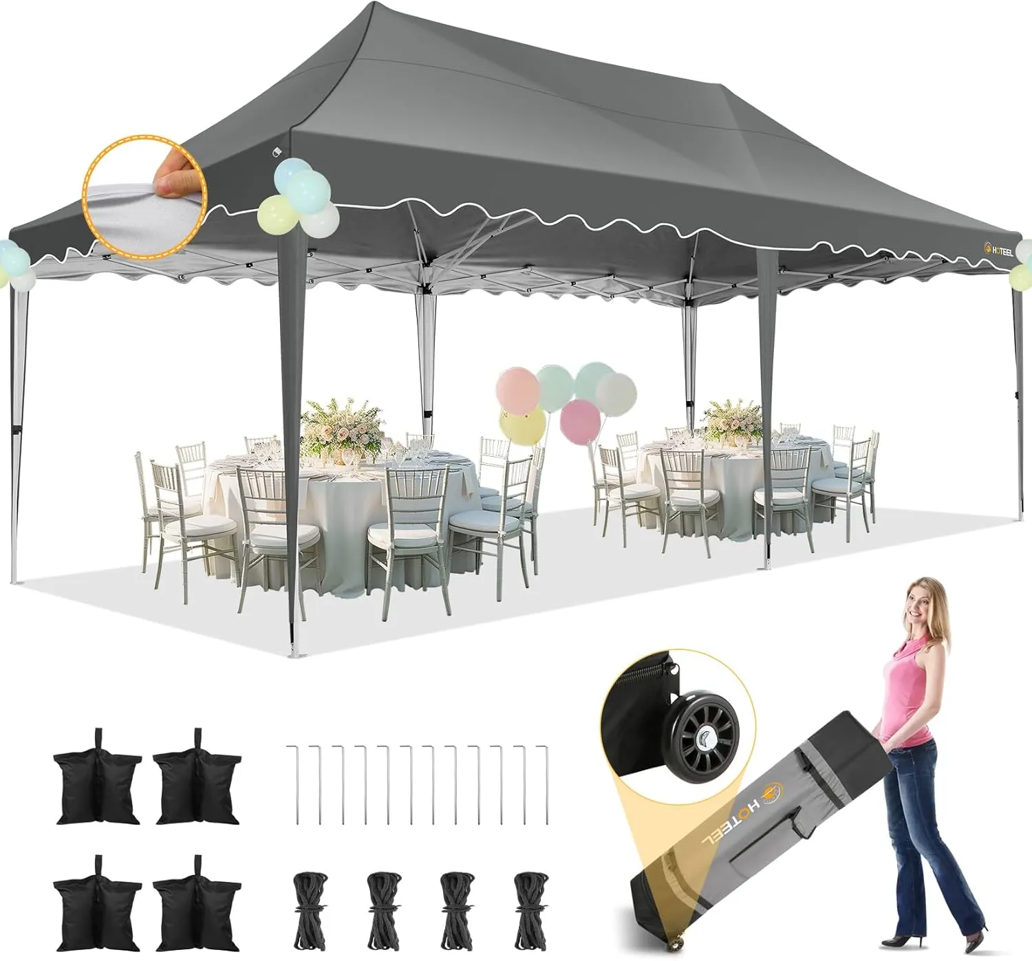 HOTEEL 10×20 Pop Up Canopy, Canopy Tent UV 50  and Waterproof, Thickened Frame, Large Space Easy Pop Up Canopy, Outdoor Canopy for Weddings, Beaches, Parties, Patio (Grey)