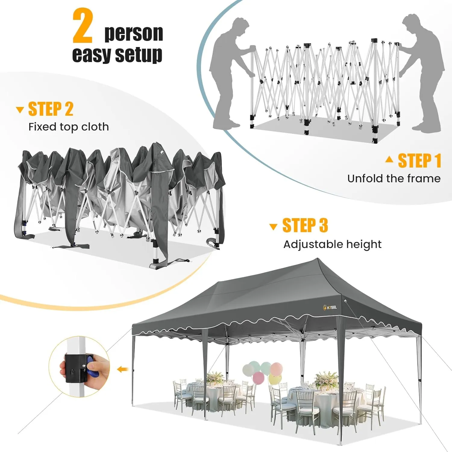 HOTEEL 10×20 Pop Up Canopy, Canopy Tent UV 50  and Waterproof, Thickened Frame, Large Space Easy Pop Up Canopy, Outdoor Canopy for Weddings, Beaches, Parties, Patio (Grey)