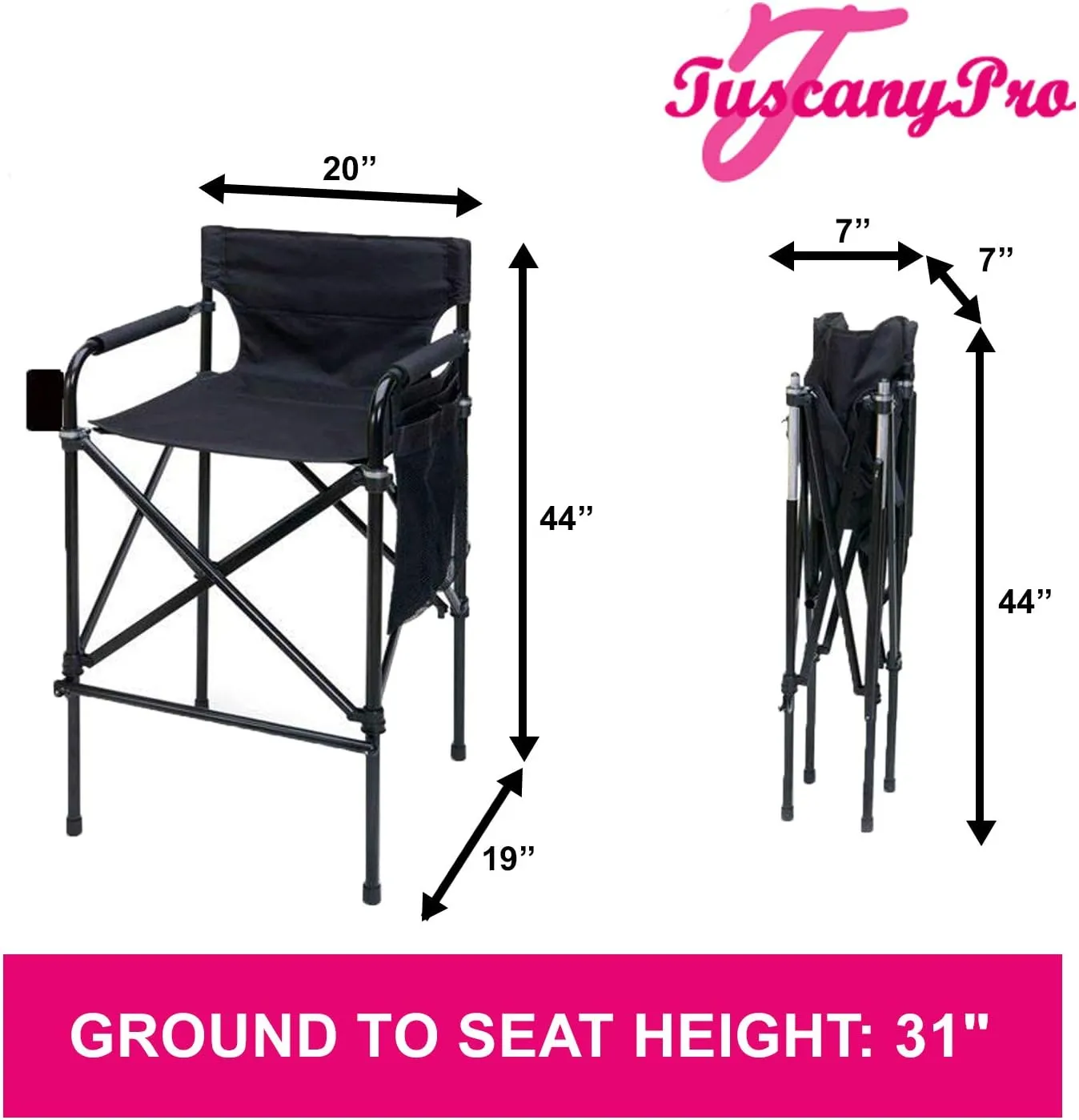 Houdini Tall Director Chair - Quad Style, Super Compact Telescopic Folding Design with Jet Black, Anodized Aluminum Frame - Your Name/Logo Imprinted - 31" Seat Height - Carry Bag Included