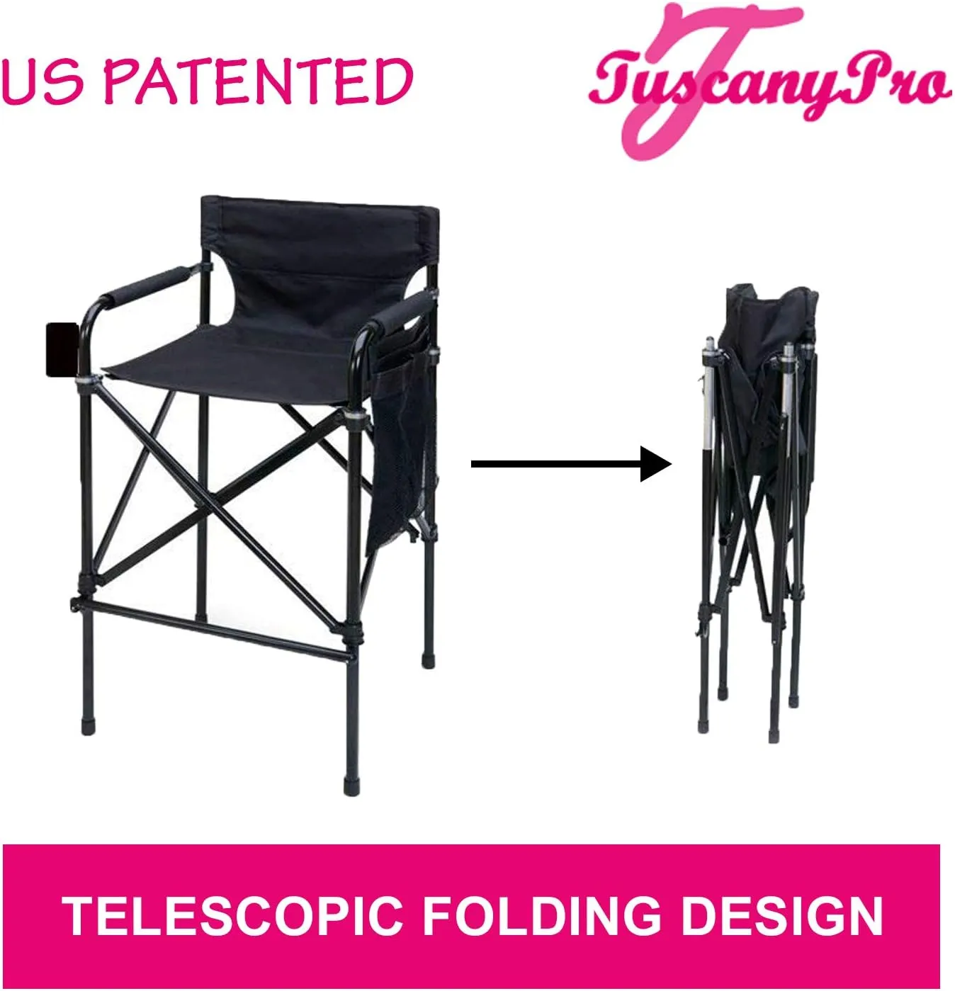 Houdini Tall Director Chair - Quad Style, Super Compact Telescopic Folding Design with Jet Black, Anodized Aluminum Frame - Your Name/Logo Imprinted - 31" Seat Height - Carry Bag Included