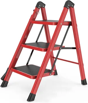 Household Multi-Function Herringbone Ladder with Retractable armrest Thickened Stair Chair Folding with Non-Slip Foot Flower Stand (Color : Red, Size : 3 Steps)