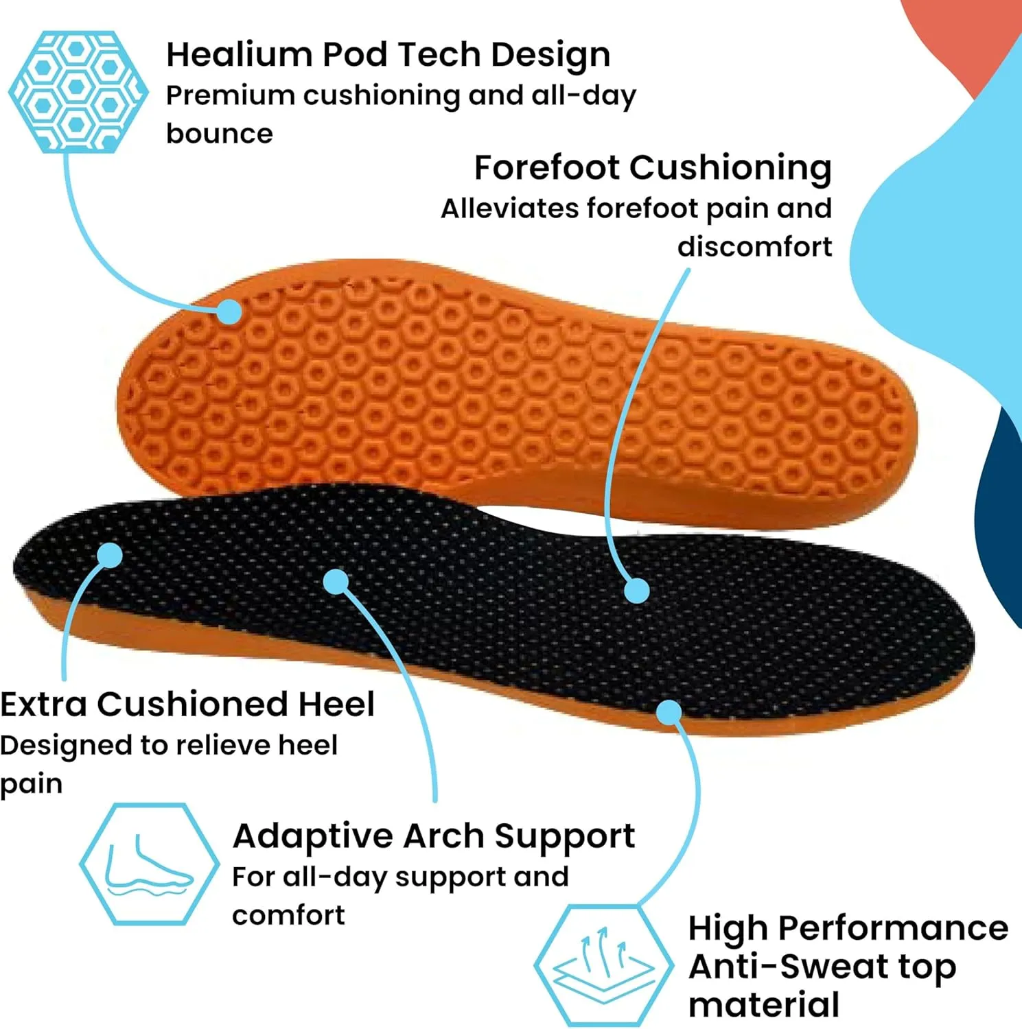 HUHV HEALIUM Boost  Performance Unisex Insoles - Orange Boost, Men's 8 / Women's 10
