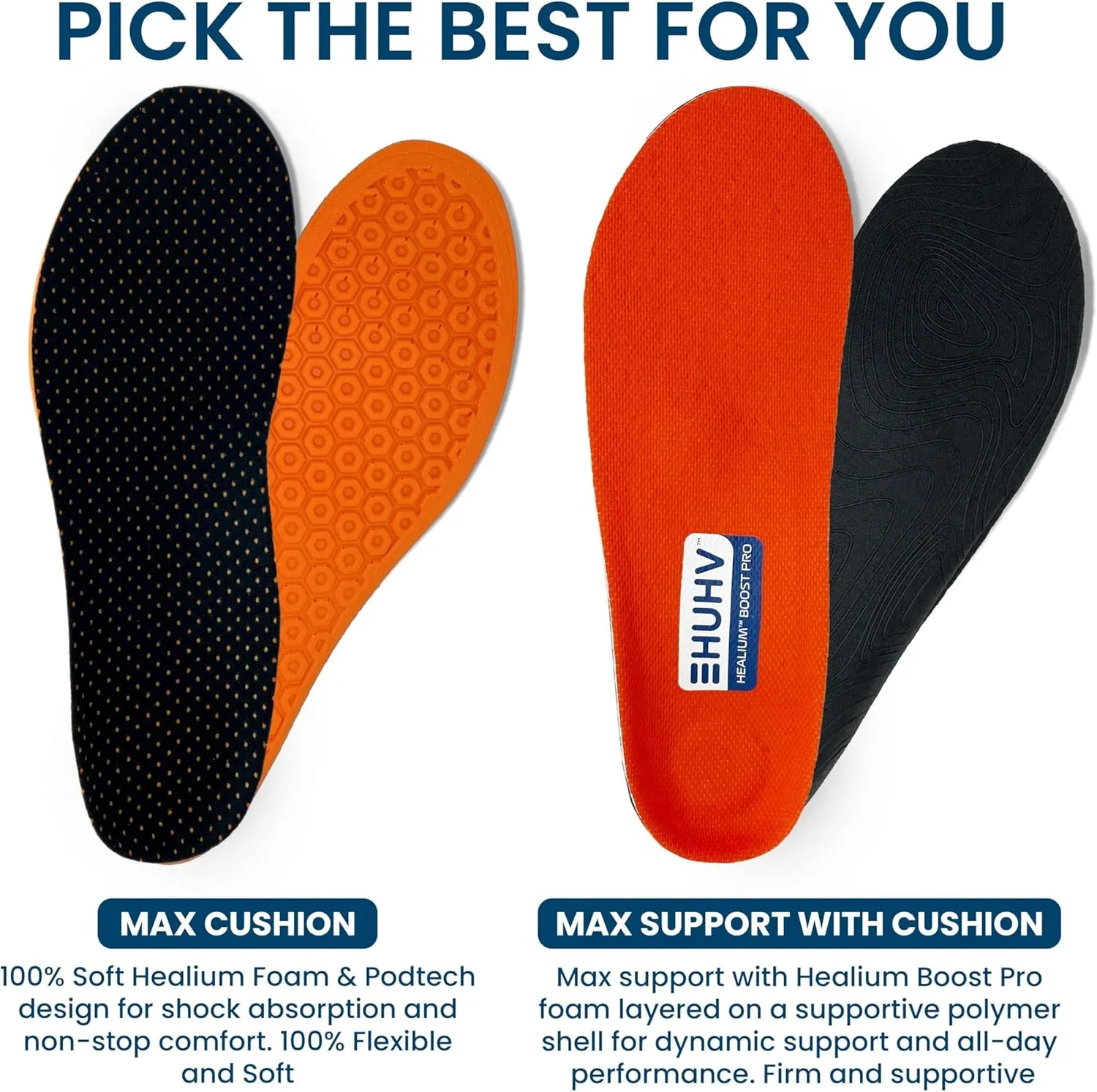 HUHV HEALIUM Boost  Performance Unisex Insoles - Orange Boost, Men's 8 / Women's 10
