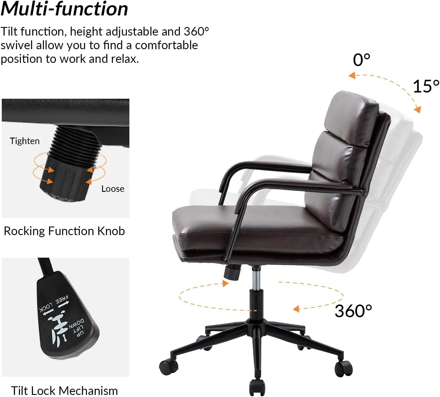 HULALA HOME Modern Faux Leather Home Office Chair with Tilt Lock & Metal Base, Desk Chair with Wheels & Padded Cushion, 360° Swivel Wide Seat Computer Task Chair, Brown
