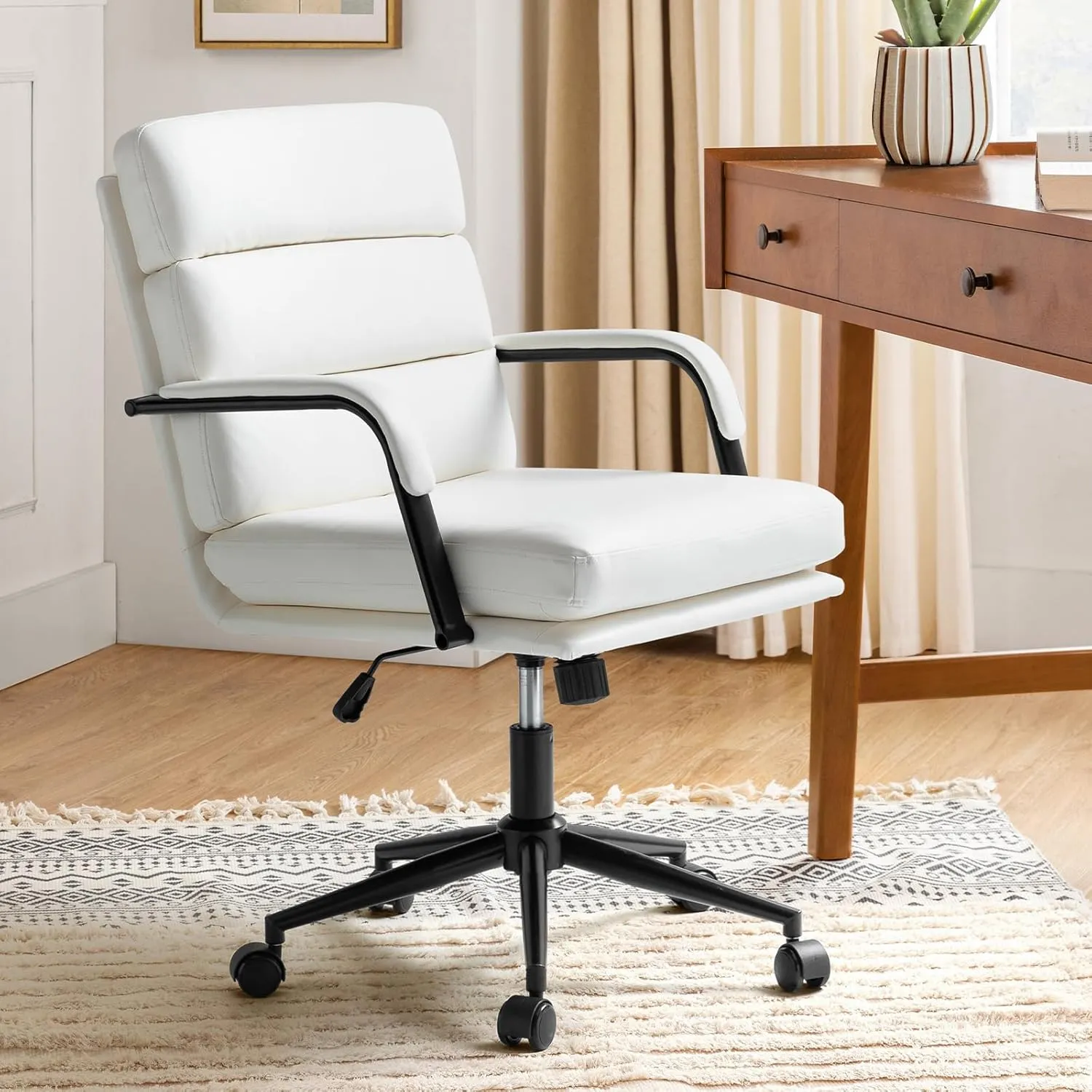 HULALA HOME Modern Faux Leather Home Office Chair with Tilt Lock & Metal Base, Desk Chair with Wheels & Padded Cushion, 360° Swivel Wide Seat Computer Task Chair, White