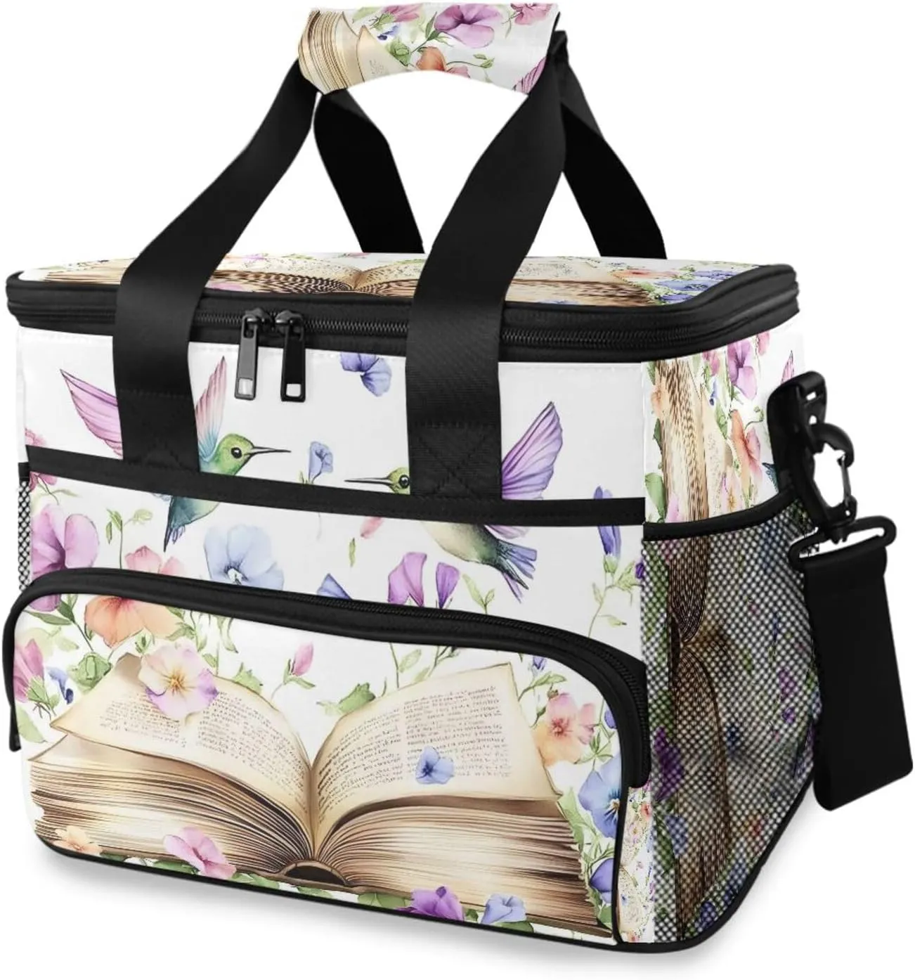Hummingbird Book Flower Cooler Bag Insulated Cooler Soft Sided Cooler 24 Can Portable Picnic Bag Large Leakproof Lunch Bag Box for Beach Grocery Camping Travel Car Men Women