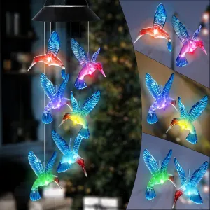 Hummingbird Solar Wind Chimes Color Changing Solared Lights Outdoor Waterproof LED Wind Chimes Solar Powered Lights for Home Party Yard Garden Christmas Decoration(Blue)