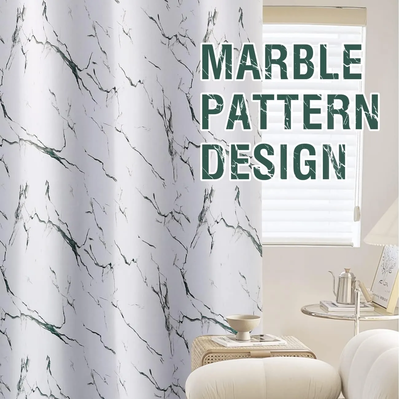 H.VERSAILTEX 100% Blackout Curtains 63 inch Length 2 Panels Set Marble Designs Printed Drapes Thermal Curtains for Bedroom with Black Liner Sound Proof Curtains, Antique Green