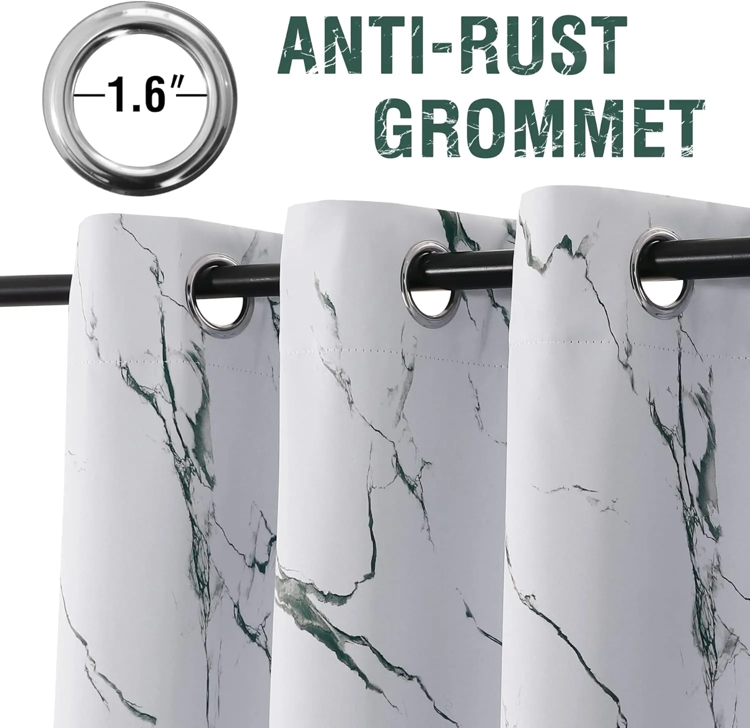 H.VERSAILTEX 100% Blackout Curtains 63 inch Length 2 Panels Set Marble Designs Printed Drapes Thermal Curtains for Bedroom with Black Liner Sound Proof Curtains, Antique Green