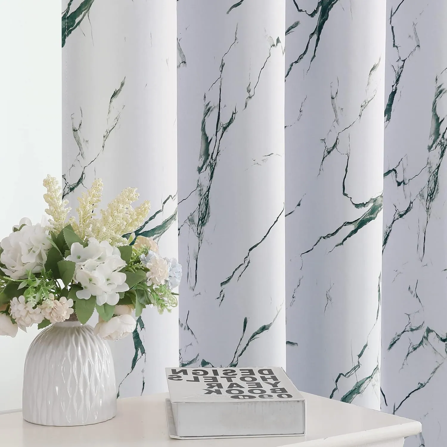 H.VERSAILTEX 100% Blackout Curtains 63 inch Length 2 Panels Set Marble Designs Printed Drapes Thermal Curtains for Bedroom with Black Liner Sound Proof Curtains, Antique Green