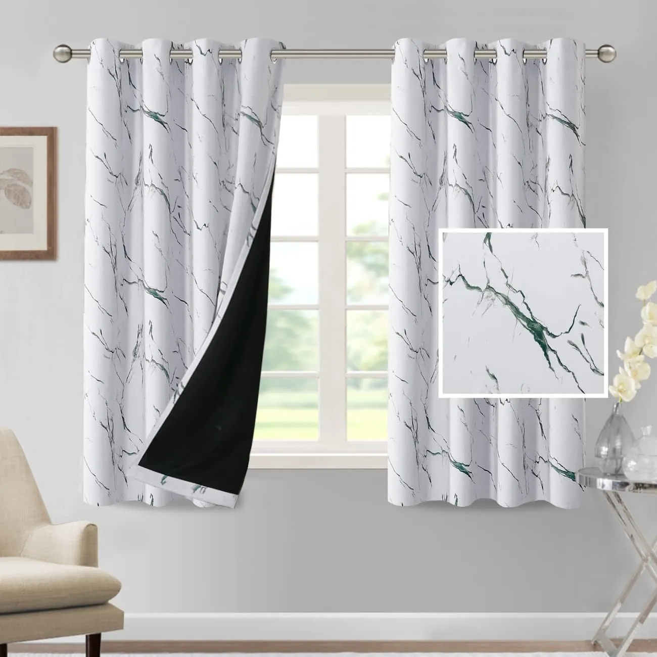 H.VERSAILTEX 100% Blackout Curtains 63 inch Length 2 Panels Set Marble Designs Printed Drapes Thermal Curtains for Bedroom with Black Liner Sound Proof Curtains, Antique Green